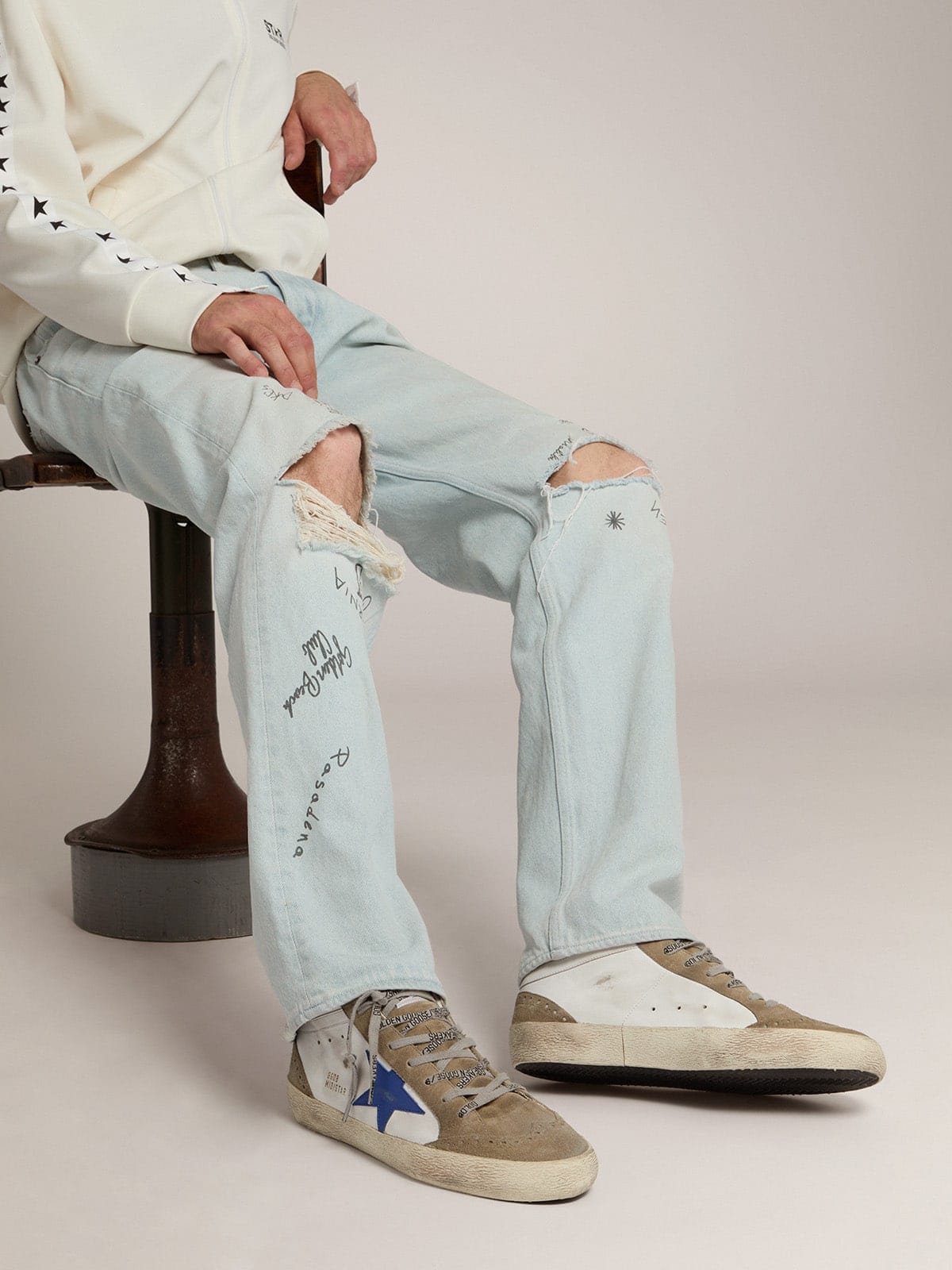 Golden Goose Mens Mid Star With Blue Leather Star And Dove-Gray Suede Inserts Mens