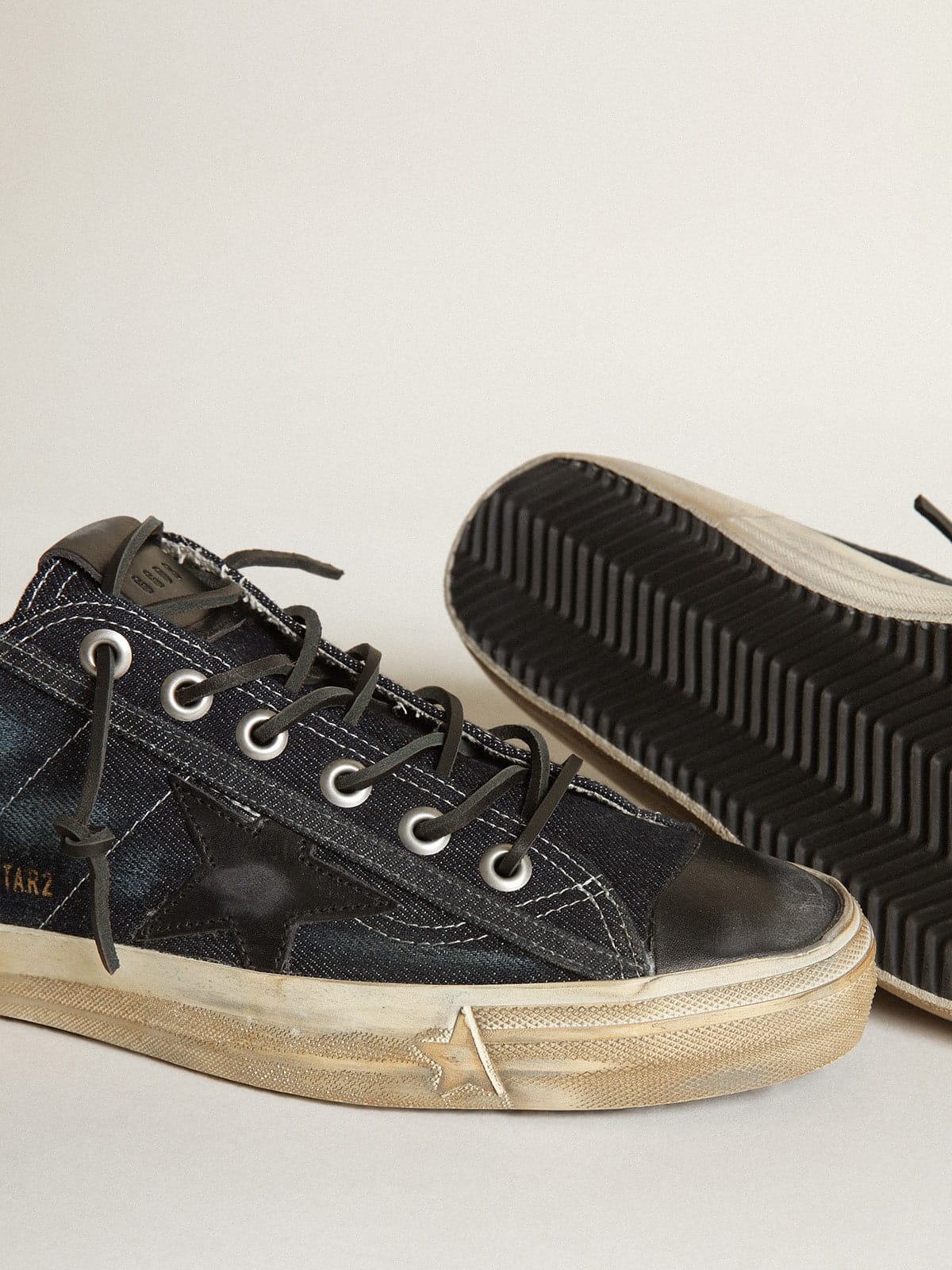 Golden Goose V-Star Sneakers In Midnight-Blue Denim With Black Leather Star And Toe Mens