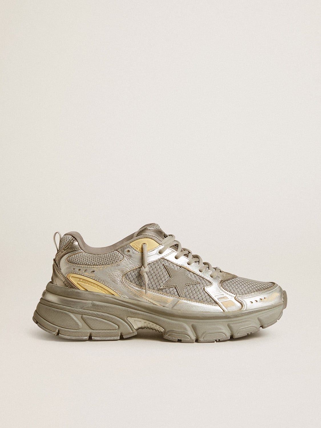 Golden Goose Mens Lightstar In Metallic Leather And Silver Mesh With Gray Star Mens