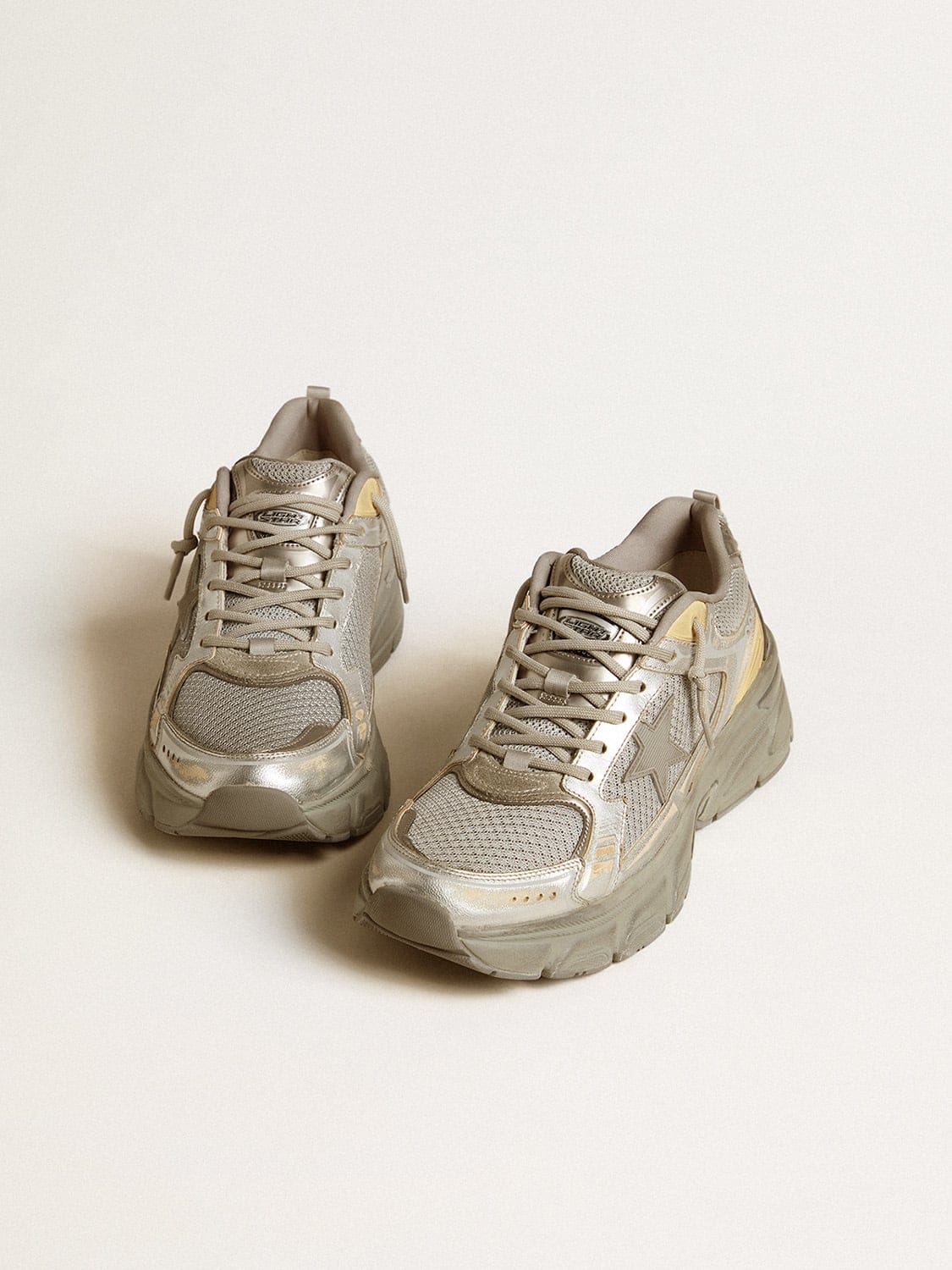 Golden Goose Mens Lightstar In Metallic Leather And Silver Mesh With Gray Star Mens