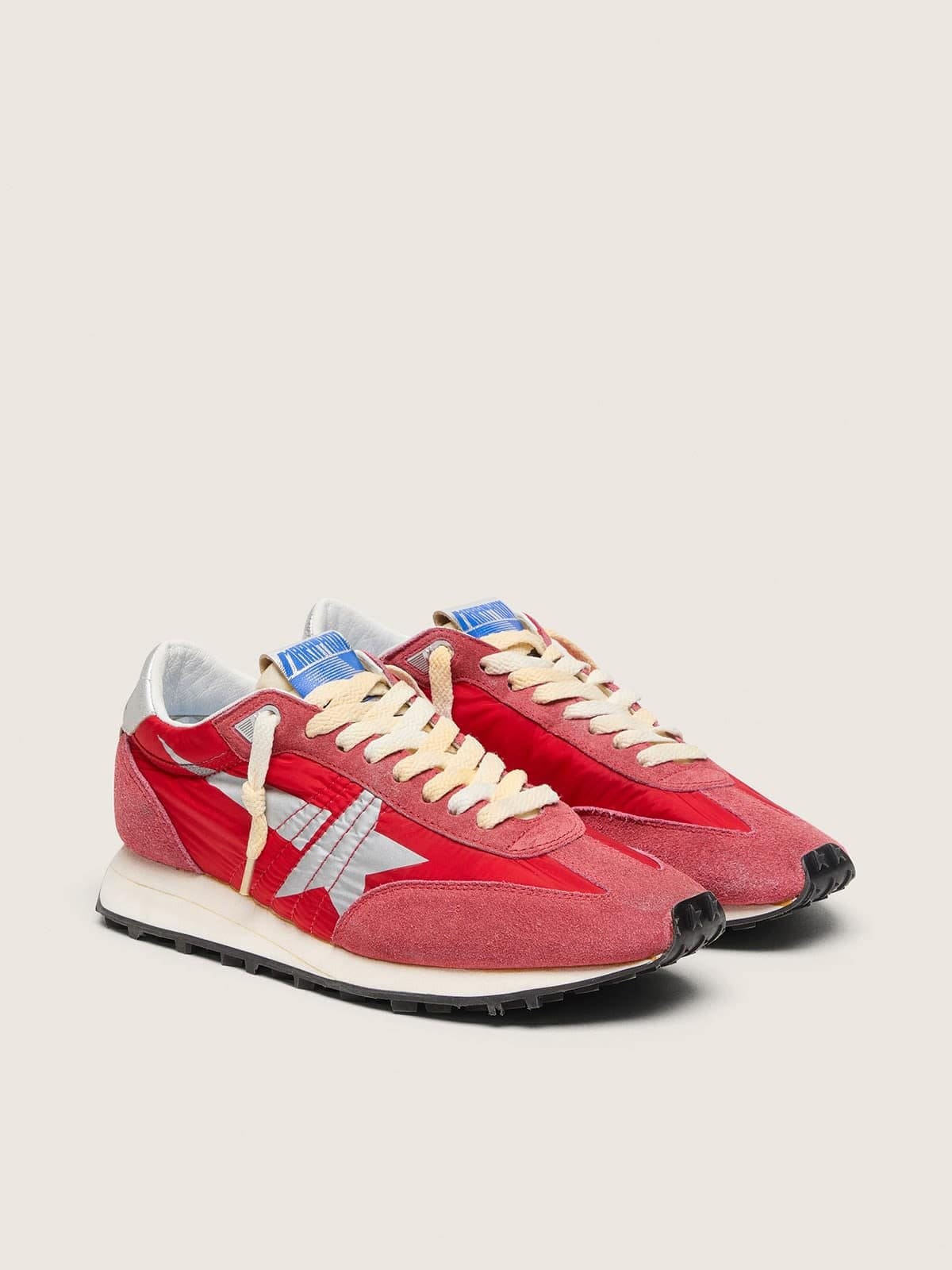 Golden Goose Mens Marathon With Red Nylon Upper And Silver Star Mens