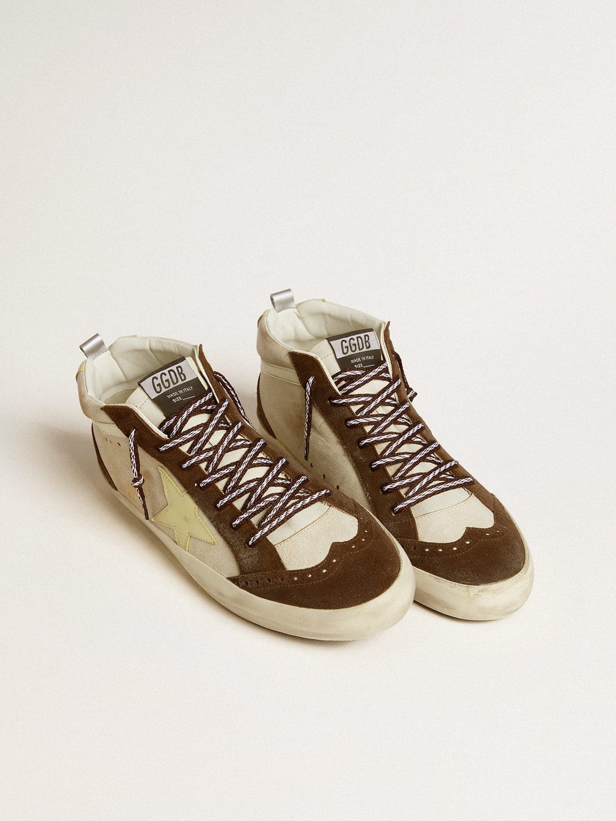 Golden Goose Mens Mid Star In Beige Glitter With Yellow Suede Star And Cotton Flash Mens
