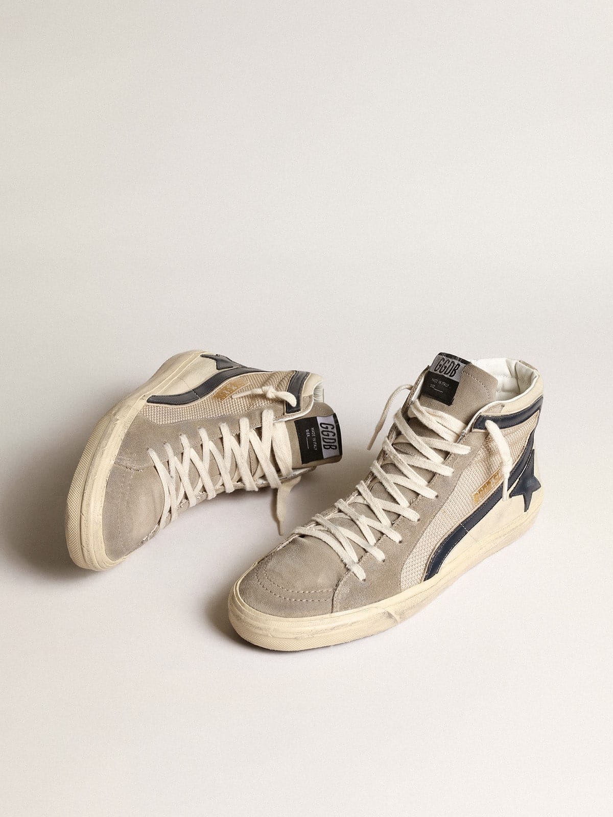 Golden Goose Slide In Beige Mesh And Nylon With Blue Leather Star And Flash Mens