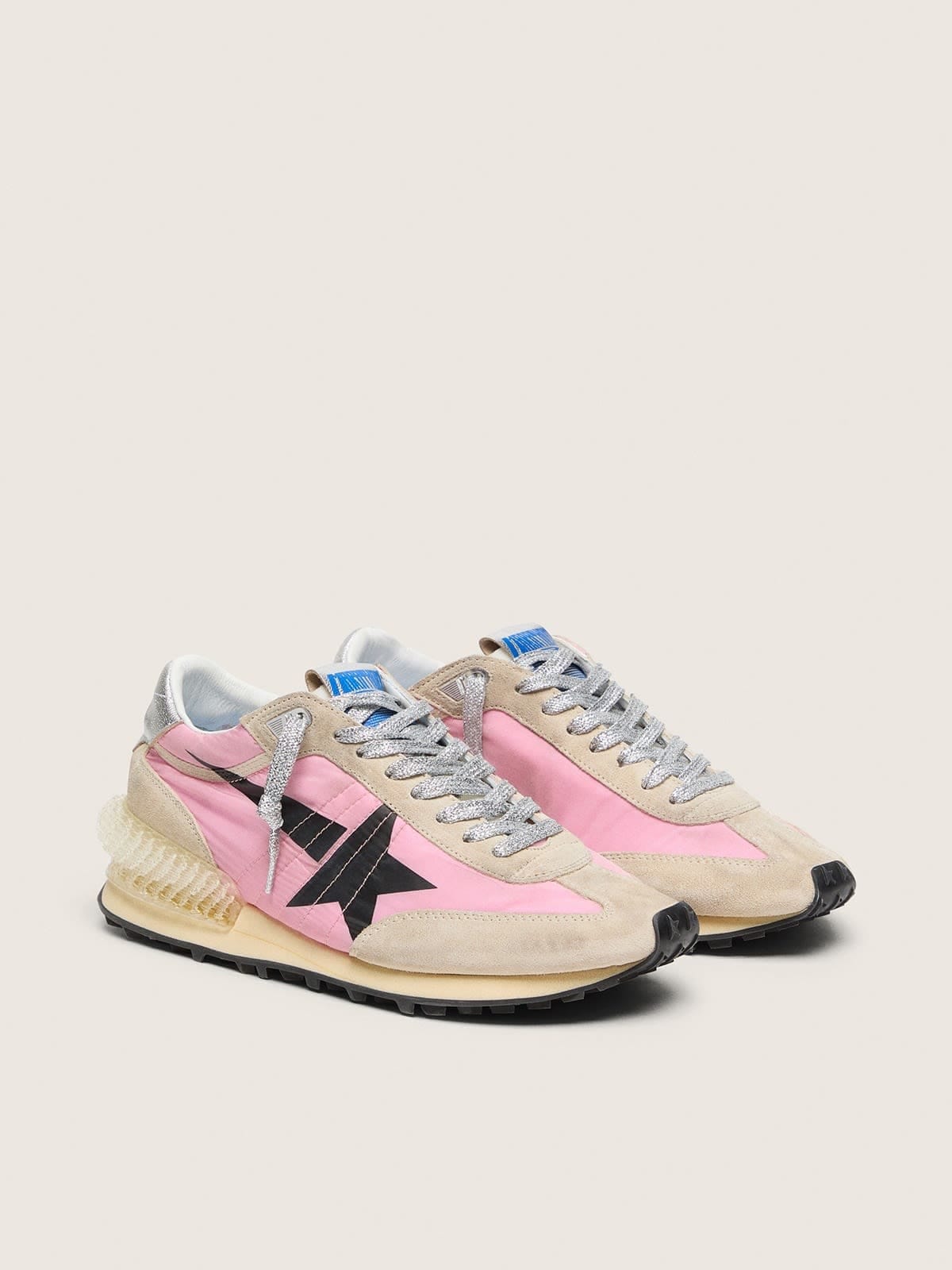 Golden Goose Mens Marathon In Pink Nylon And Gold Suede With Black Printed Star Mens