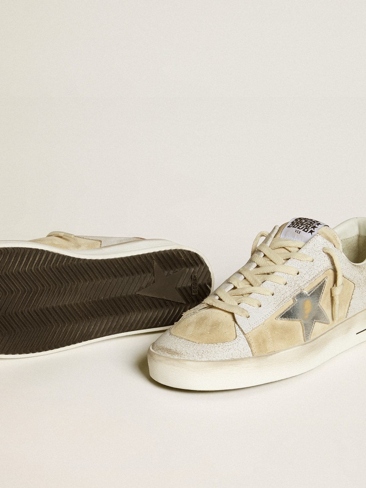 Golden Goose Mens Stardan In Nubuck And Crackle Leather With Silver Metallic Leather Star Mens