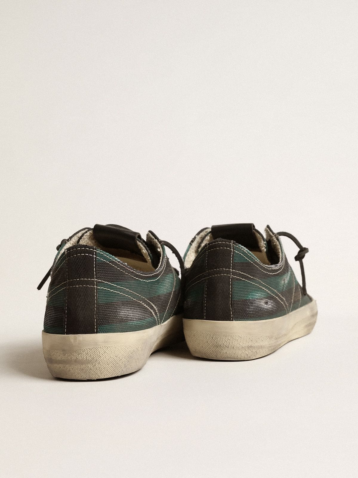 Golden Goose Mens V-Star In Black And Green Striped Canvas With Black Leather Star And Toe Mens