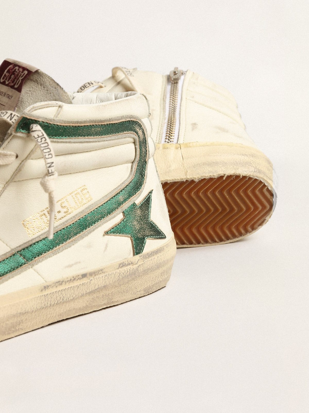 Golden Goose Slide In Beige Nappa With Green Laminated Leather Star And Flash Mens