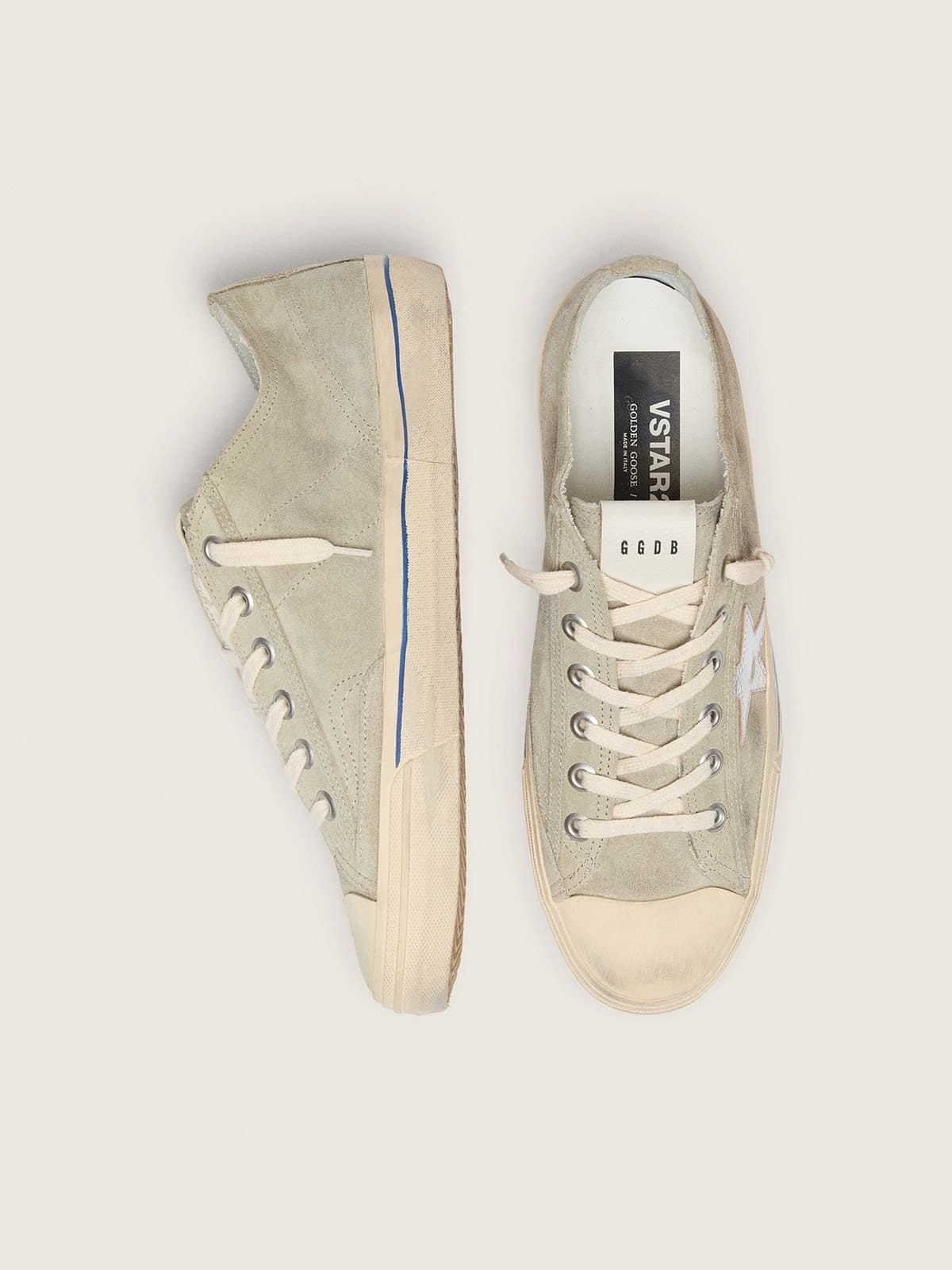 Golden Goose Mens V-Star In Dove-Gray Suede With Silver Metallic Leather Star Mens