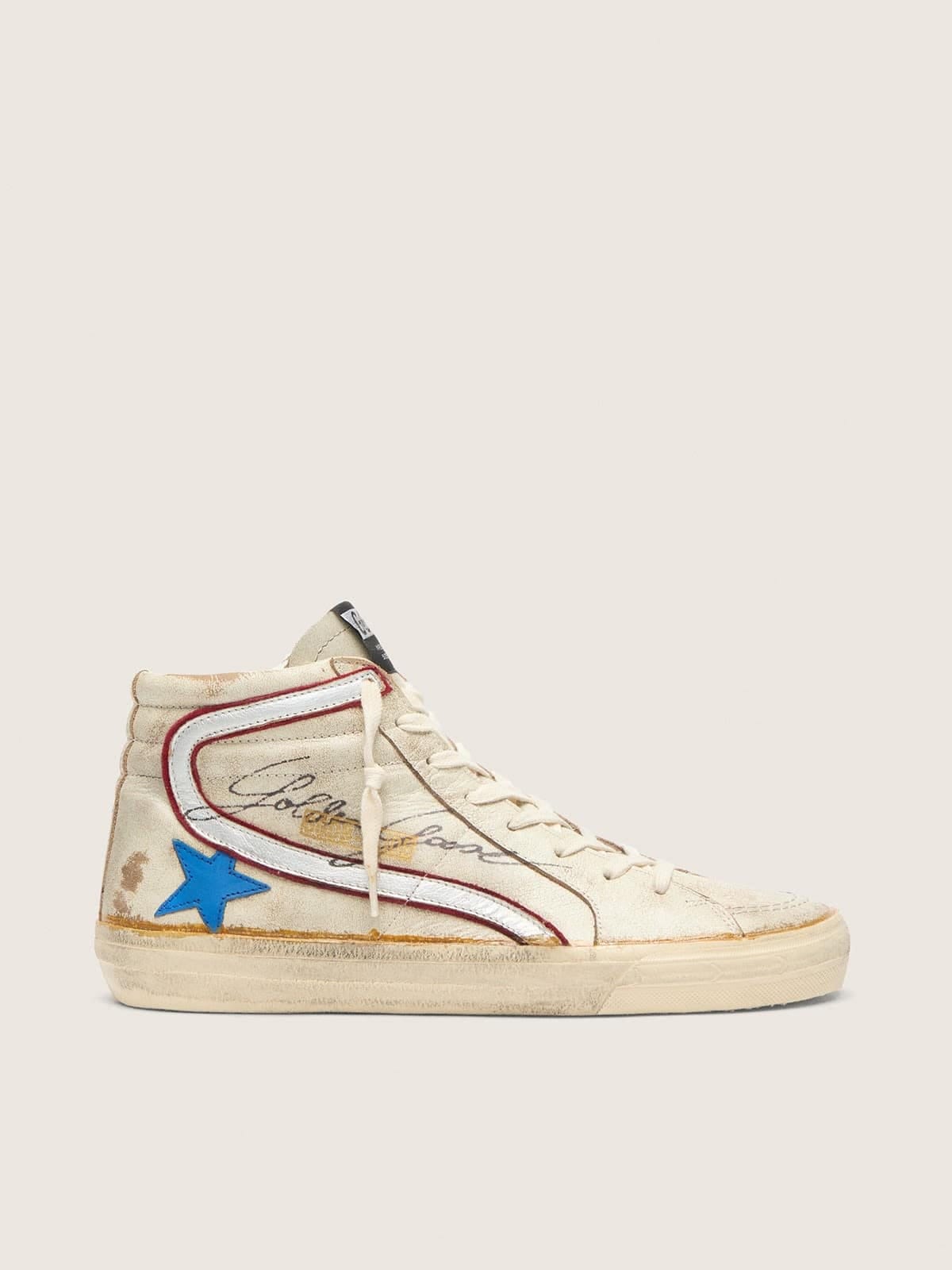 Golden Goose Mens Slide With Light Blue Leather Star And Metallic Silver Leather Flash Mens