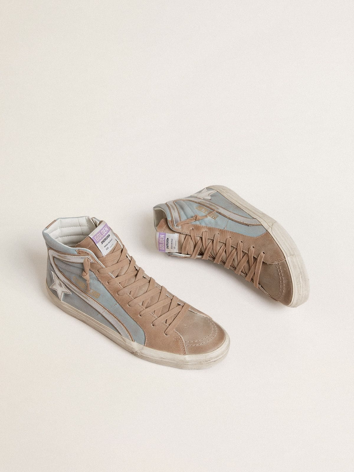 Golden Goose Mens Slide In Light Blue Canvas With Silver Metallic Leather Flash Mens