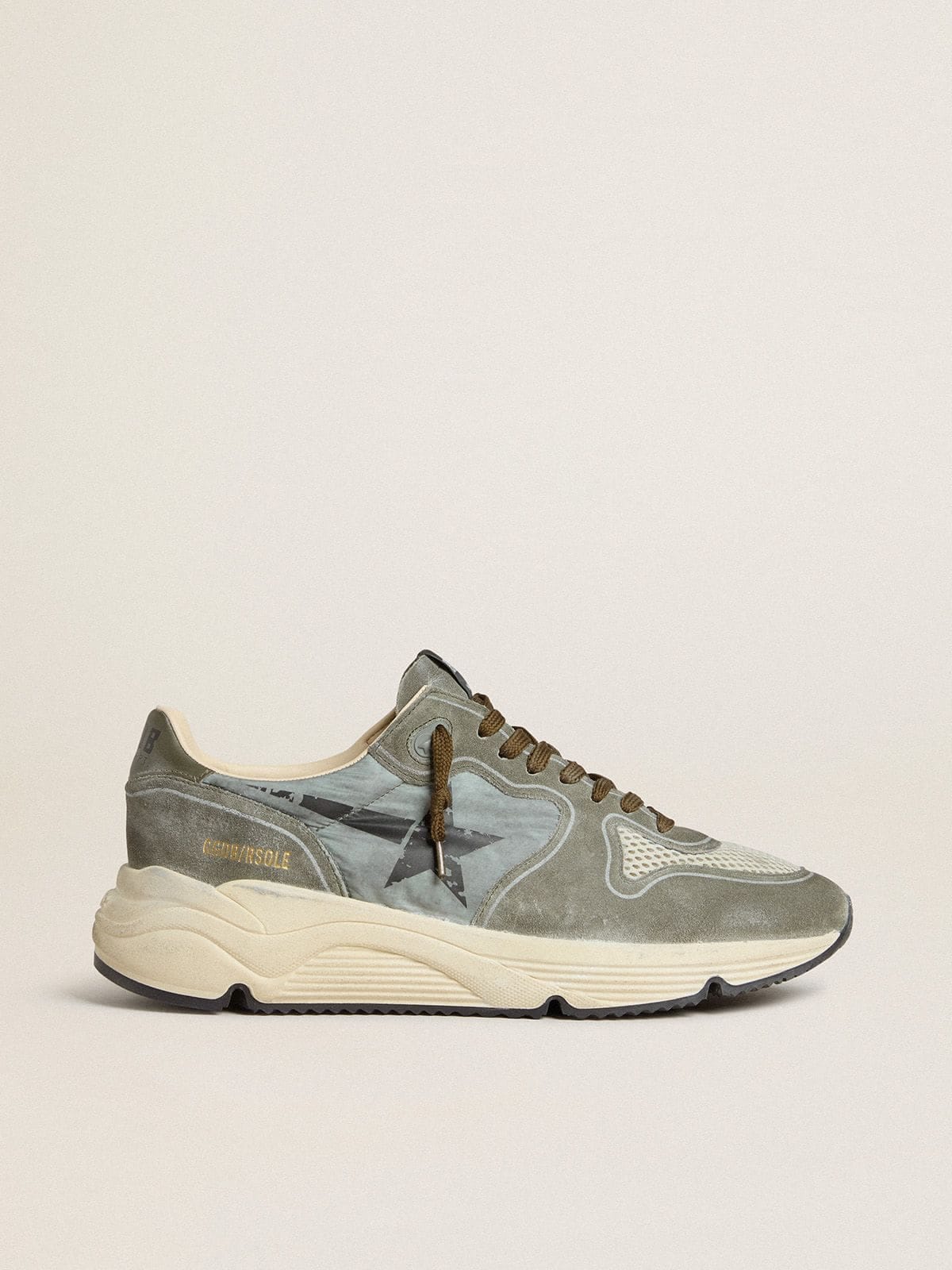 Golden Goose Mens Running Sole In Light Blue Nylon With Black Star And Green Leather Heel Tab Mens