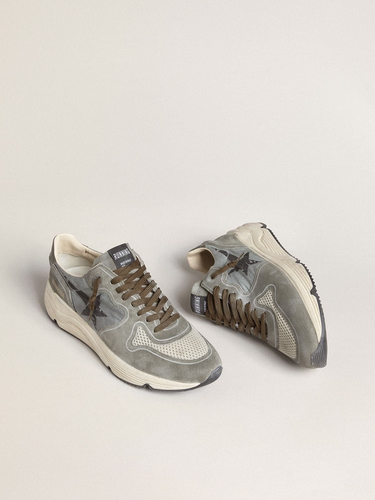 Golden Goose Mens Running Sole In Light Blue Nylon With Black Star And Green Leather Heel Tab Mens