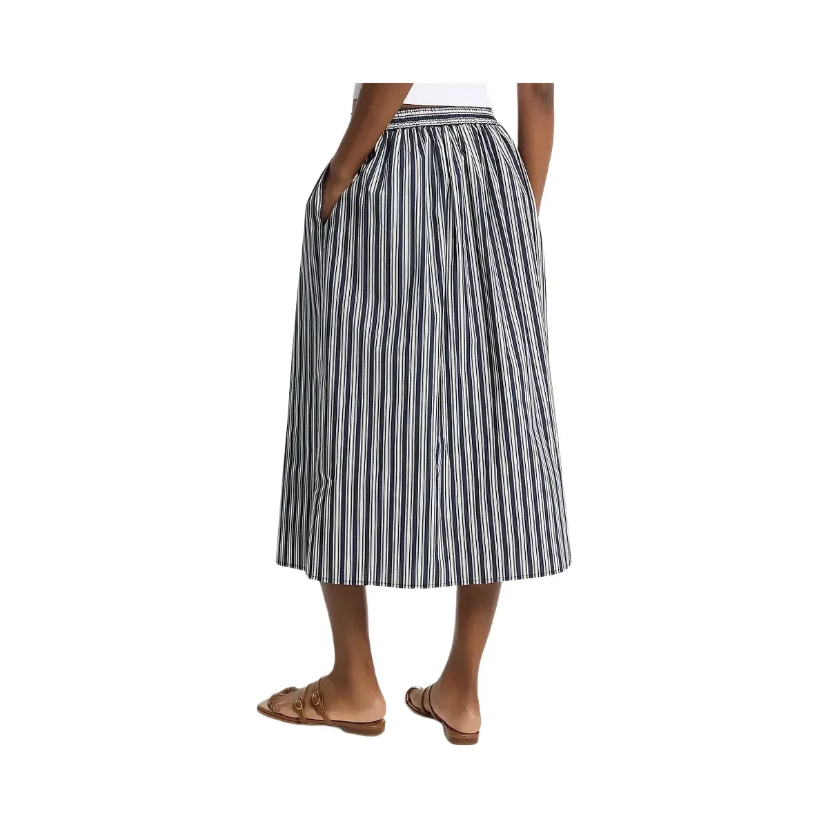 Michael Kors Striped Cotton Poplin Midi Skirt Midnightblue