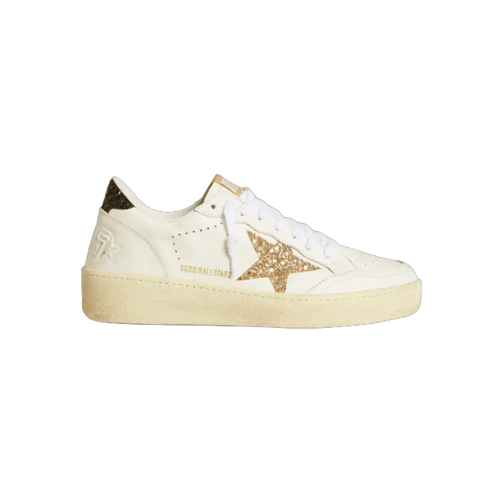 Golden Goose Ball Star In White Leather With Gold Glitter Star And Black Glitter Heel Tab