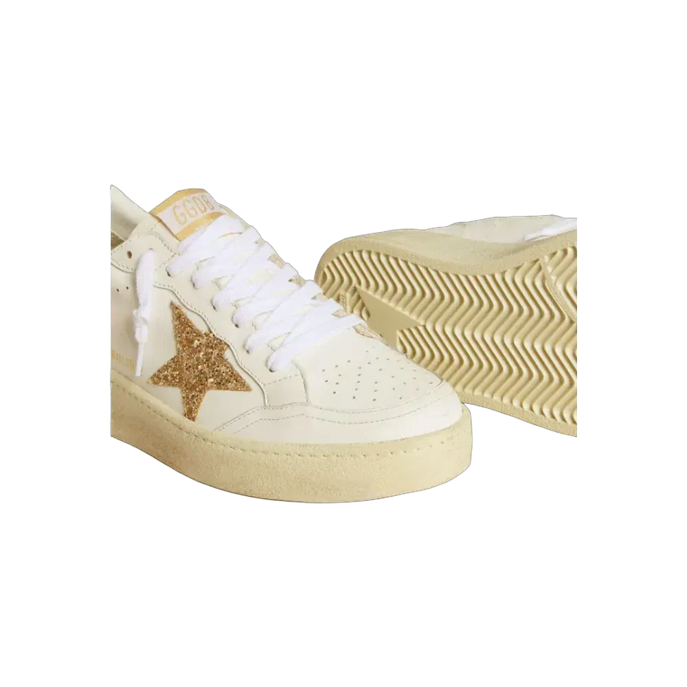Golden Goose Ball Star In White Leather With Gold Glitter Star And Black Glitter Heel Tab