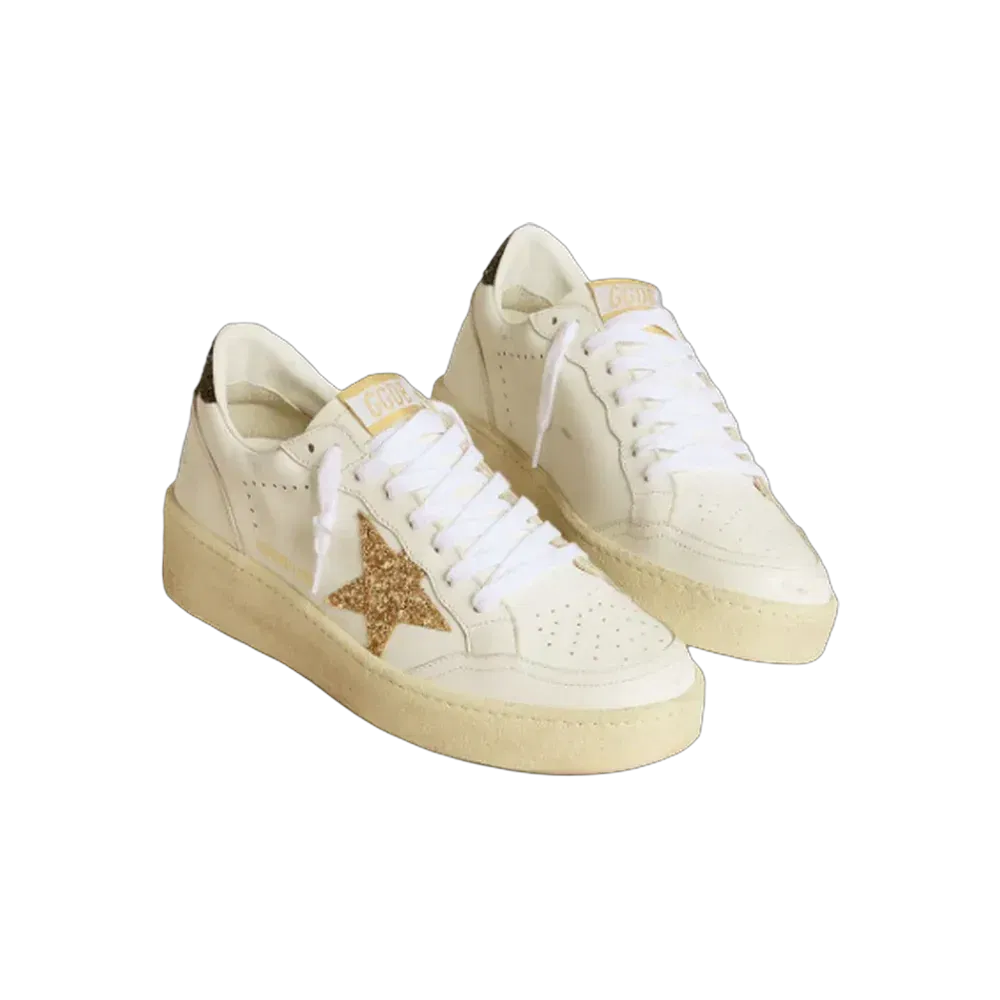 Golden Goose Ball Star In White Leather With Gold Glitter Star And Black Glitter Heel Tab
