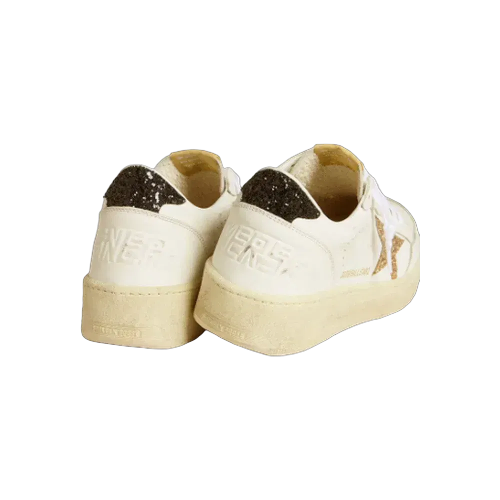 Golden Goose Ball Star In White Leather With Gold Glitter Star And Black Glitter Heel Tab