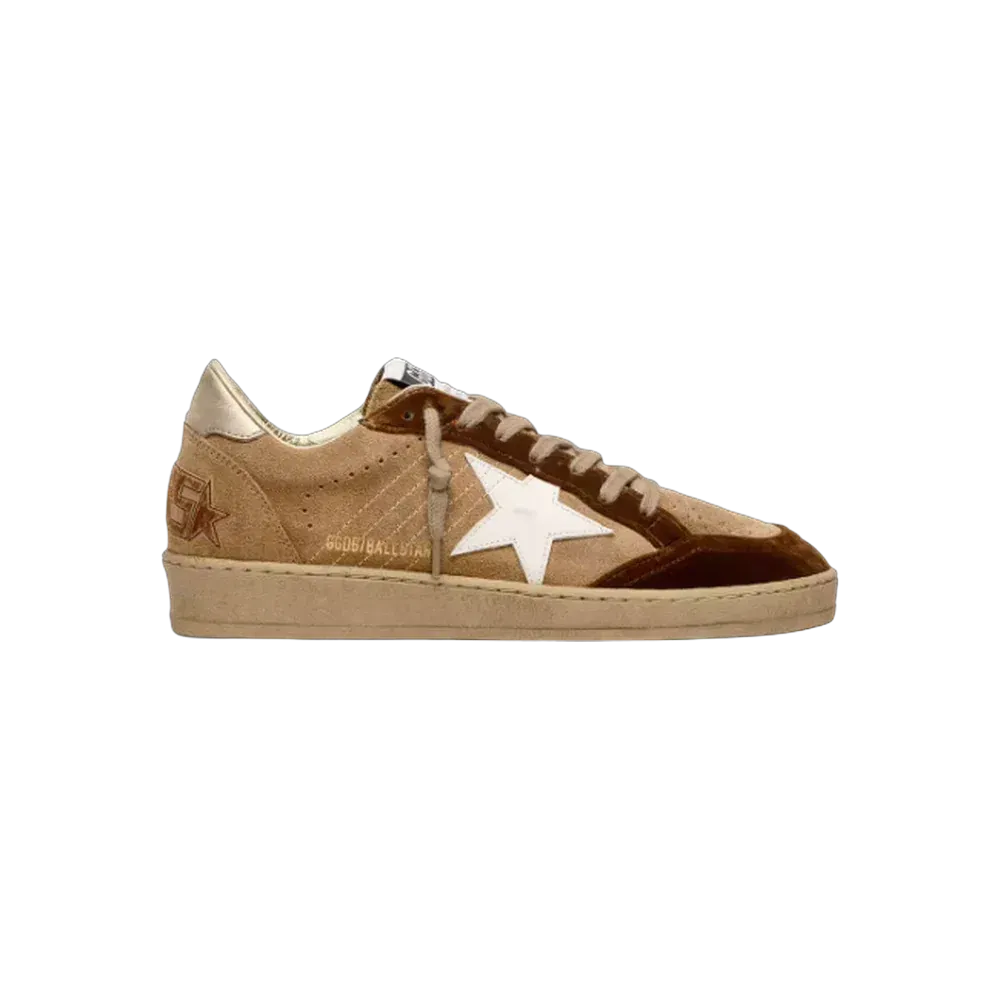 Golden Goose Ball Star In Tobacco Suede With White Leather Star And Cognac Velvet Inserts