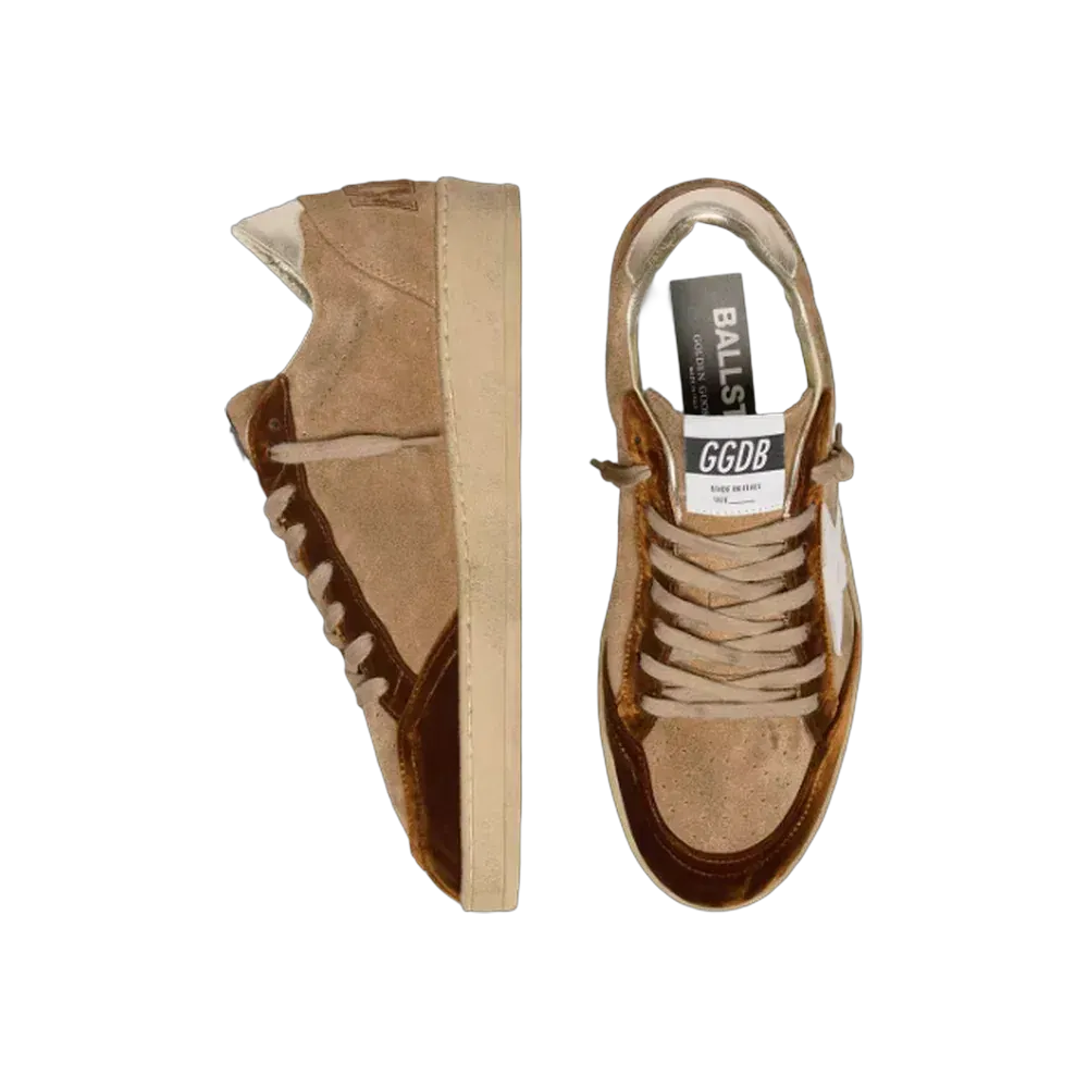 Golden Goose Ball Star In Tobacco Suede With White Leather Star And Cognac Velvet Inserts