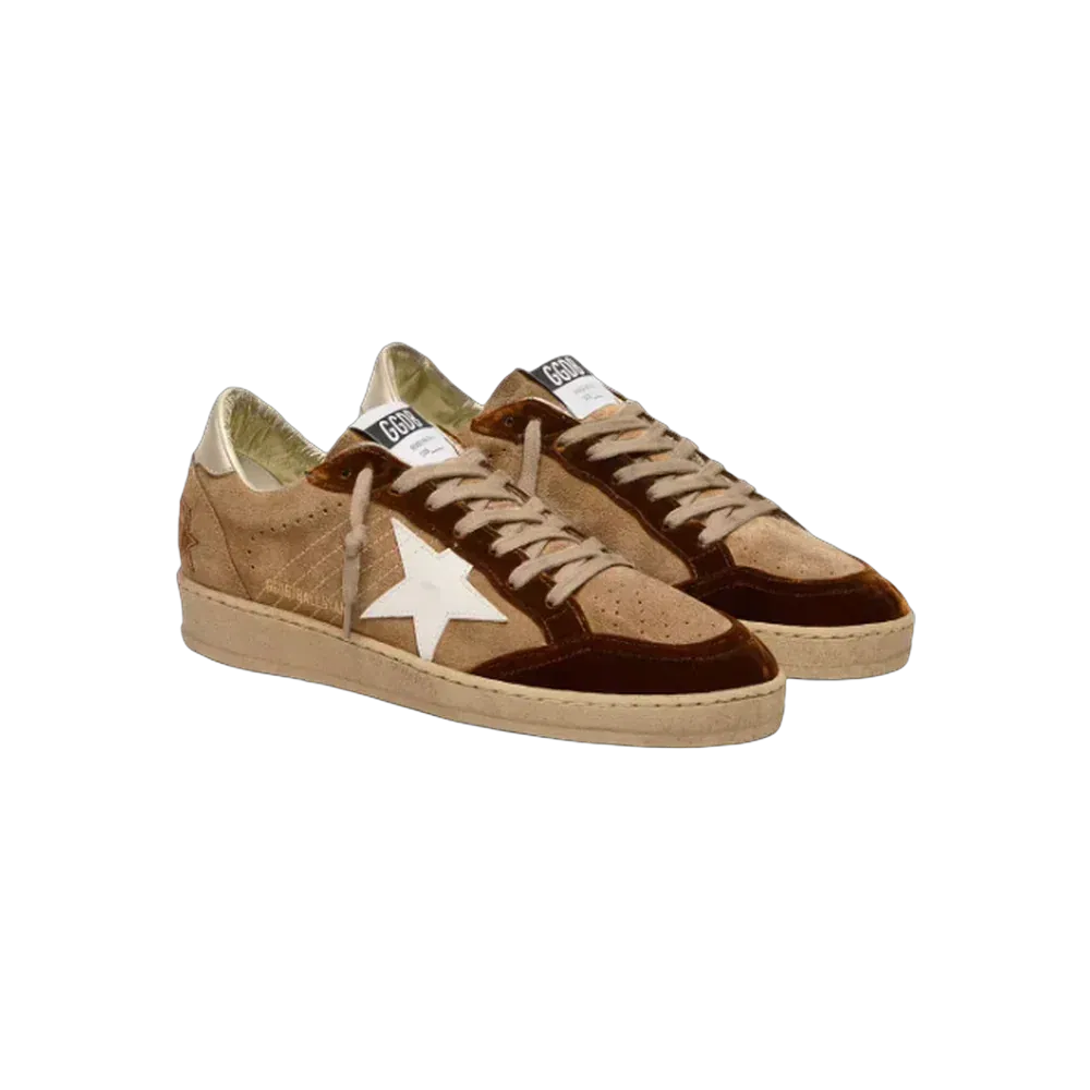 Golden Goose Ball Star In Tobacco Suede With White Leather Star And Cognac Velvet Inserts