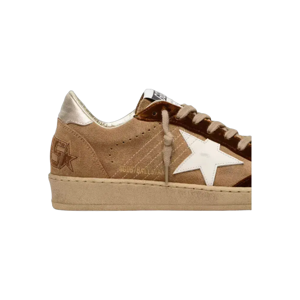 Golden Goose Ball Star In Tobacco Suede With White Leather Star And Cognac Velvet Inserts