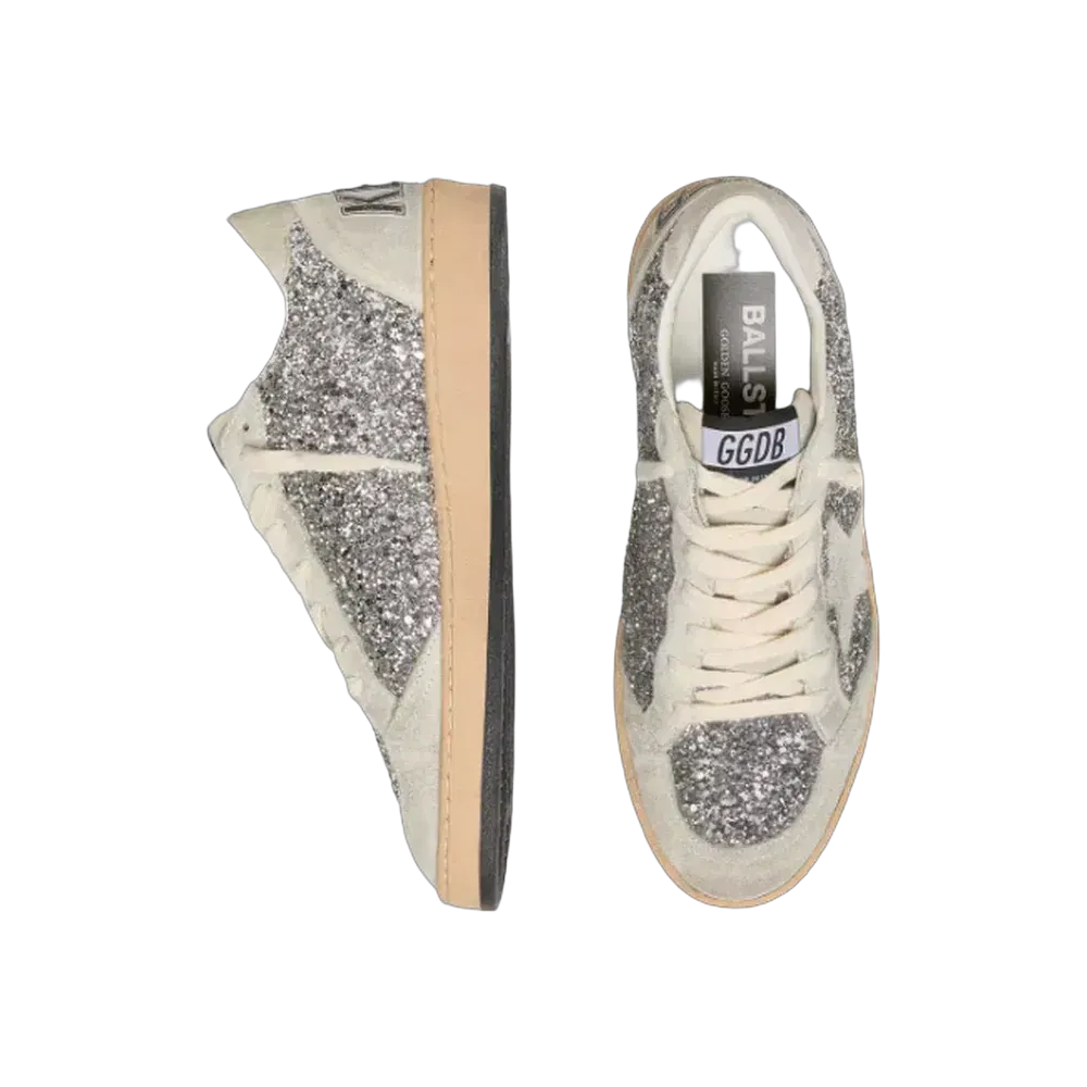 Golden Goose Ball Star In Silver Glitter With Ice-Gray Suede Inserts