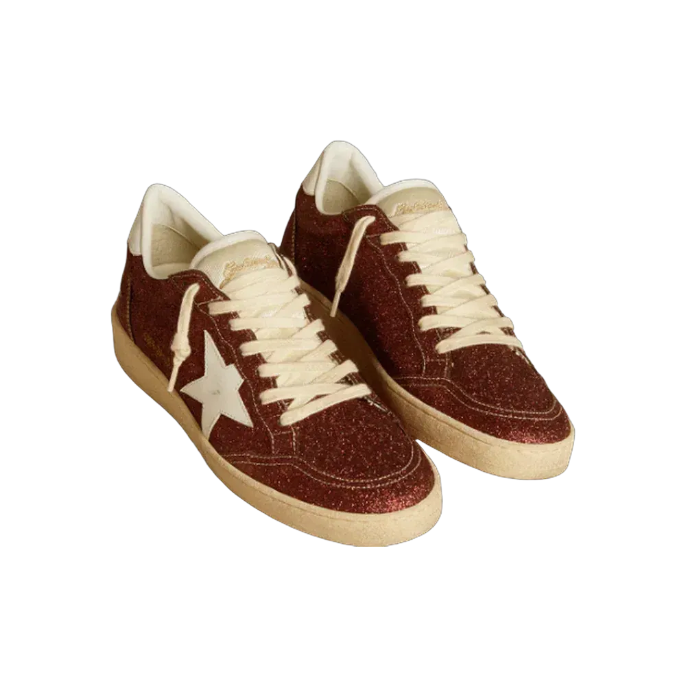 Golden Goose Ball Star In Burgundy Glitter With White Leather Star And Heel Tab