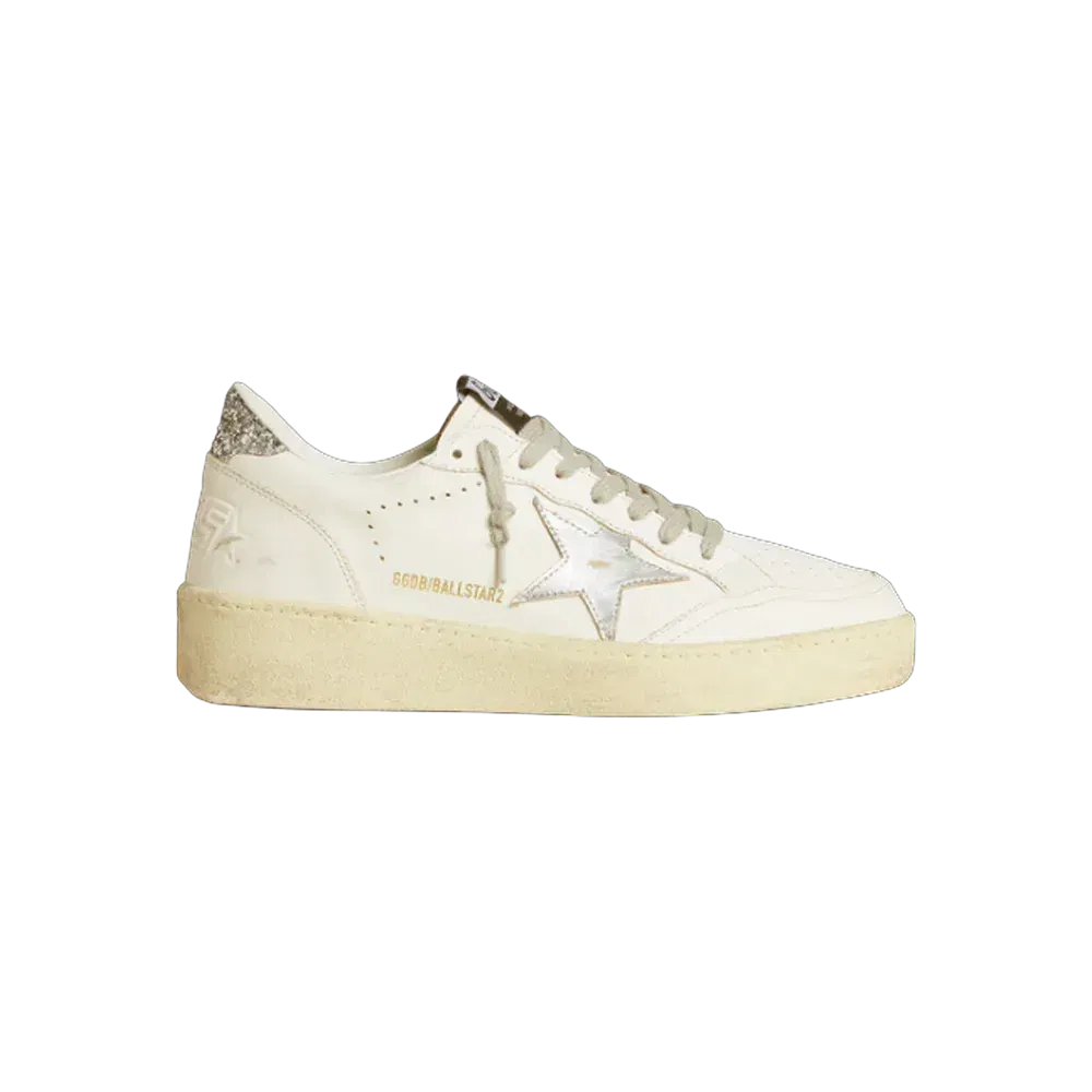 Golden Goose Ball Star With Silver Leather Star And Silver Glitter Heel Tab