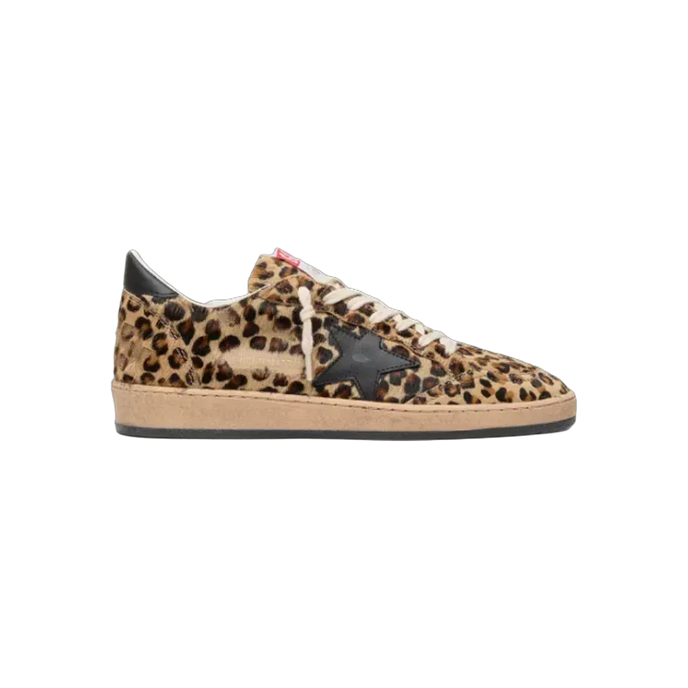 Golden Goose Ball Star In Leo-Print Pony Skin, Black Leather Star & Heel Tab