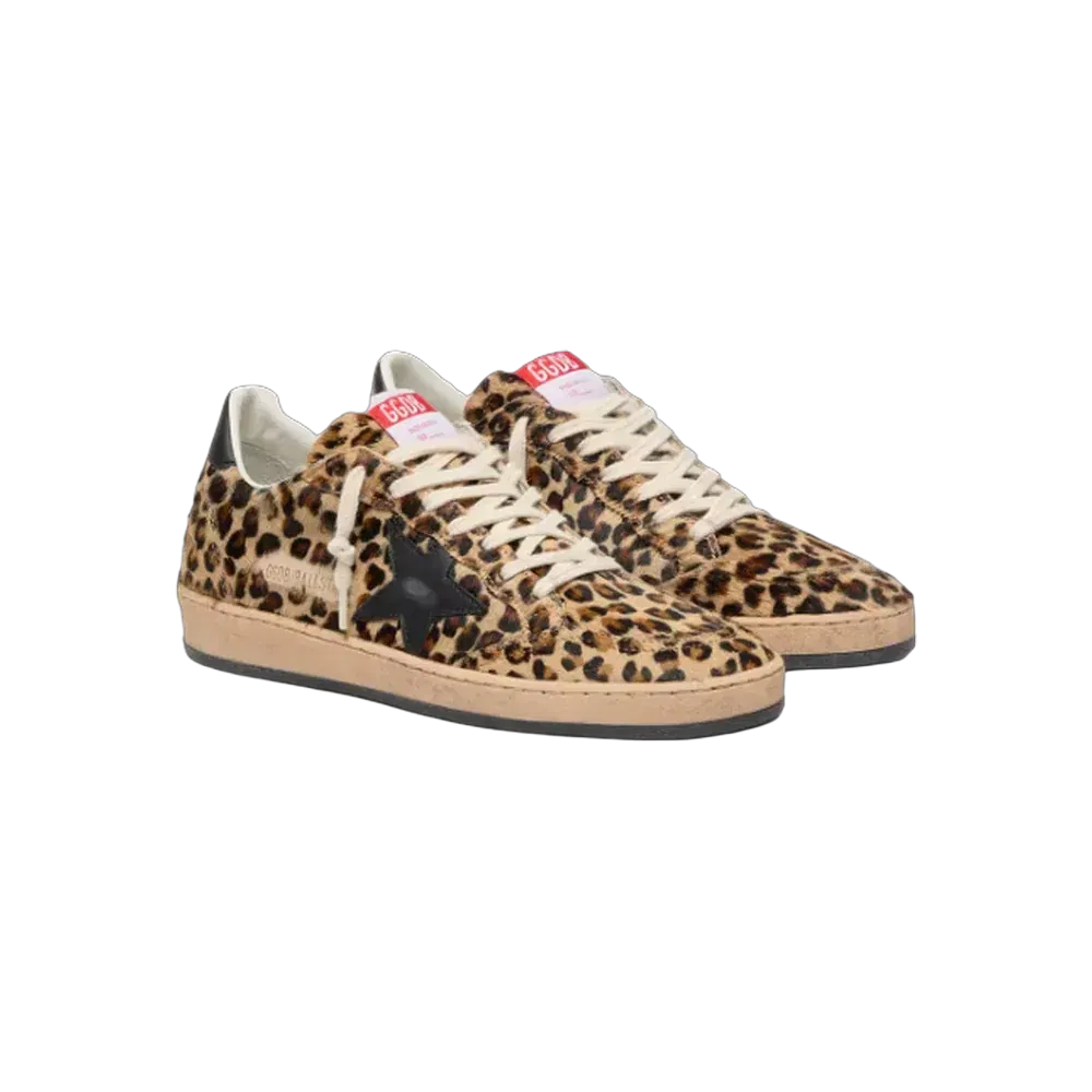 Golden Goose Ball Star In Leo-Print Pony Skin, Black Leather Star & Heel Tab