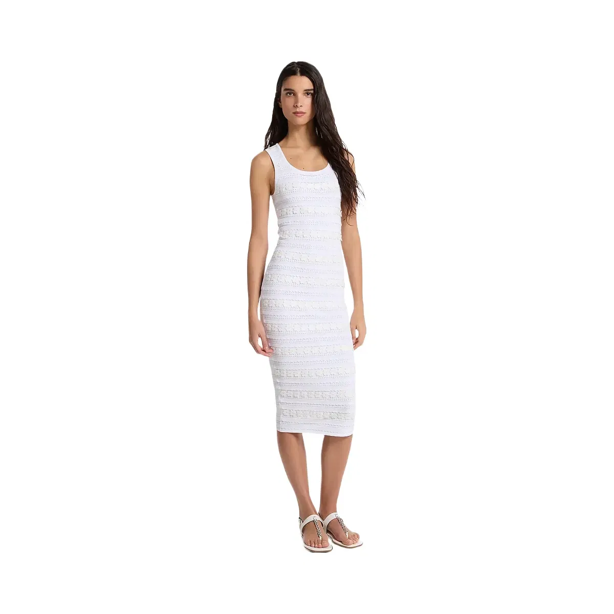 Michael Kors Floral Embellished Stretch Knit Midi Dress White