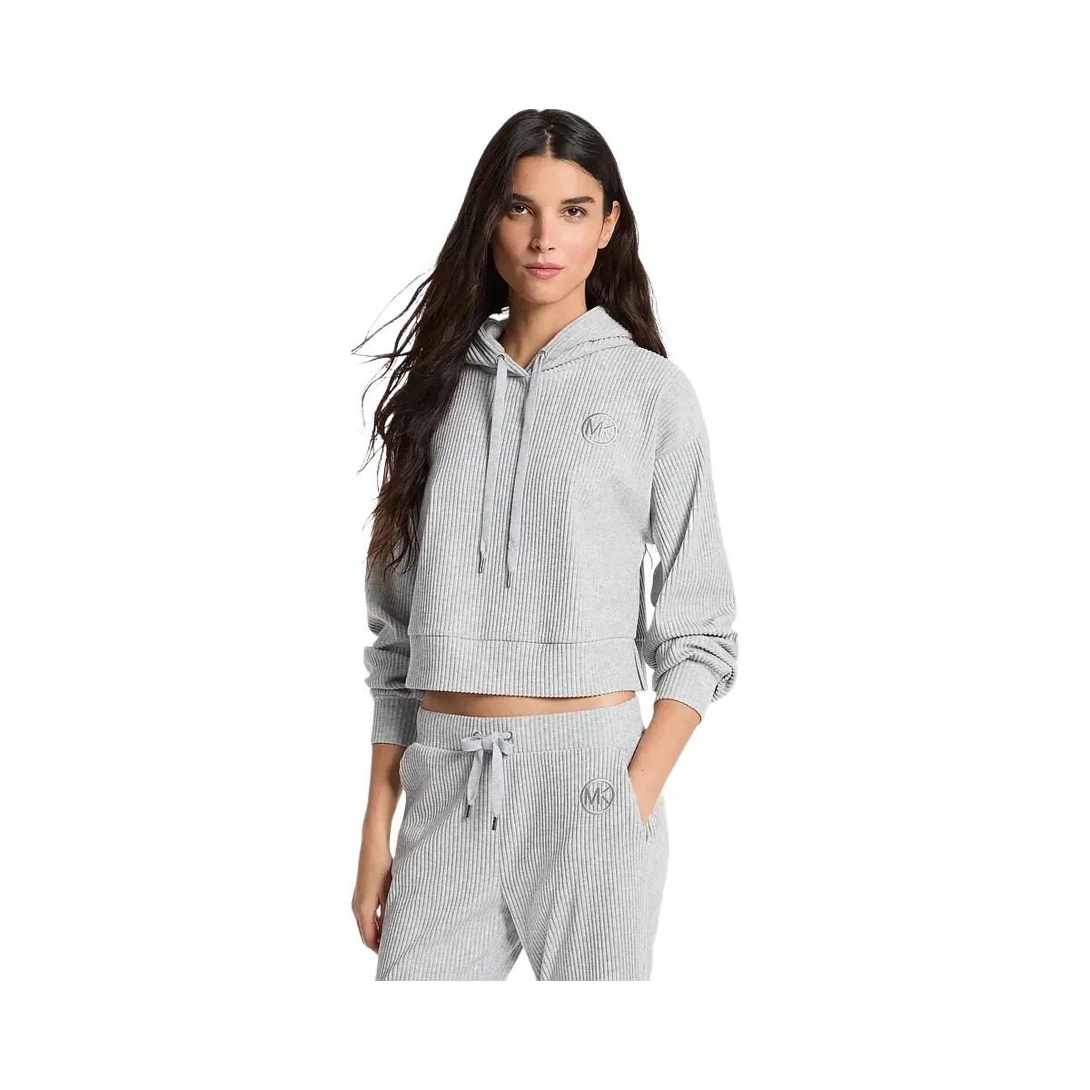 Michael Kors Ribbed Knit Hoodie Pearl Grey
