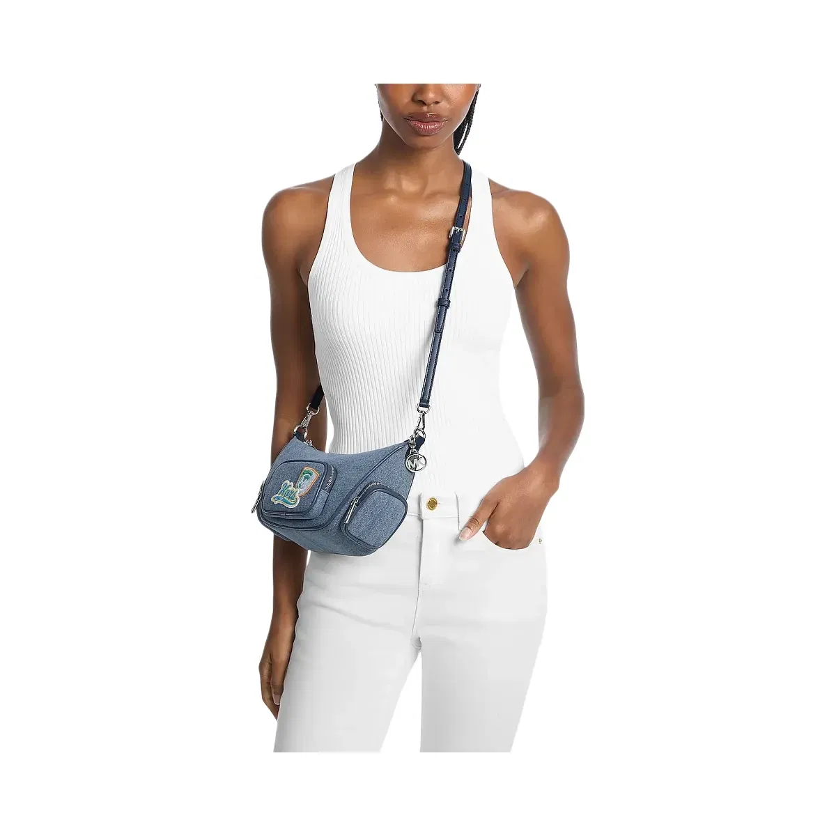 Michael Kors Merritt Small Embellished Denim Convertible Crossbody Bag Washed Denim