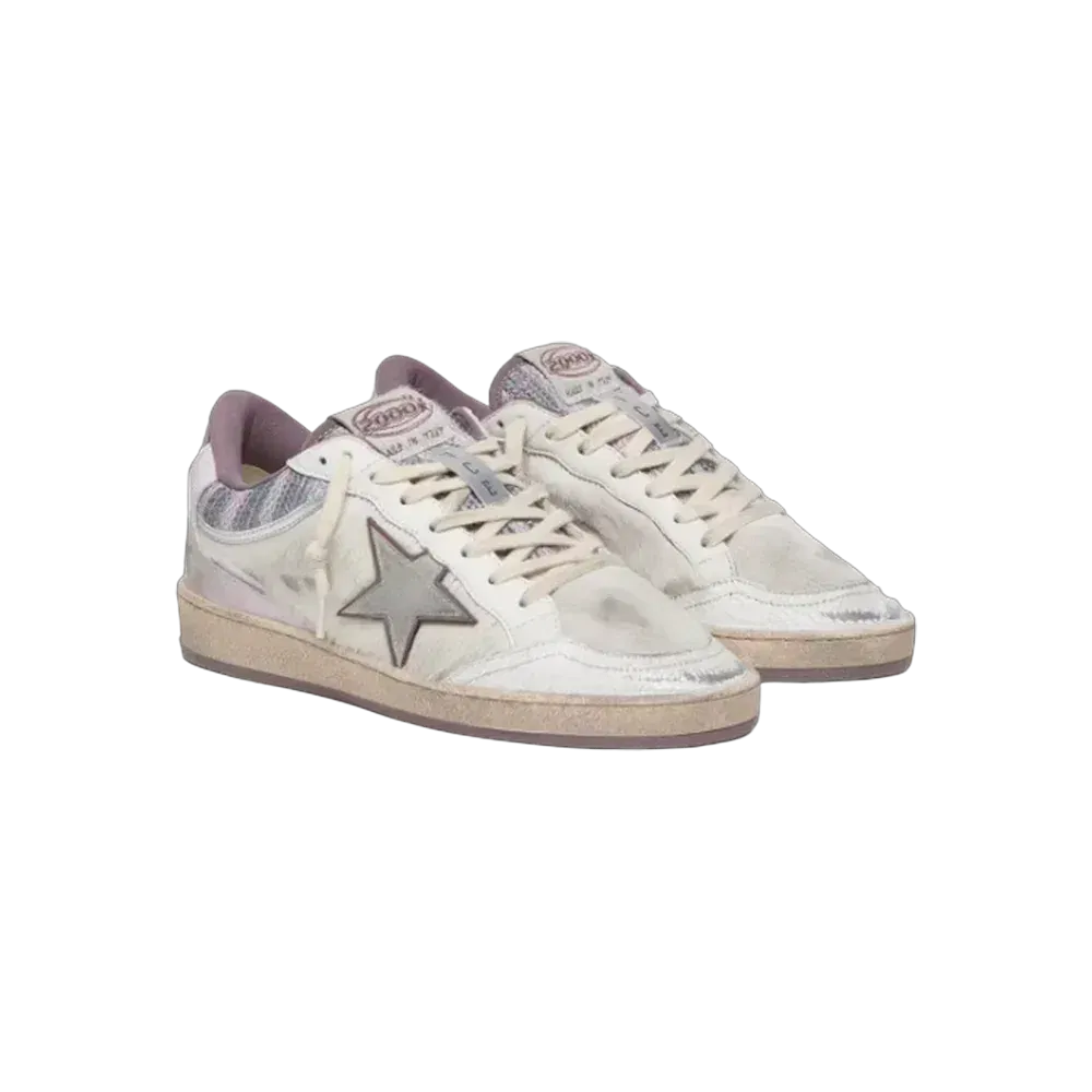 Golden Goose Ball Star LAB In White Nylon And Pony Skin With Silver Star And Lilac Inserts