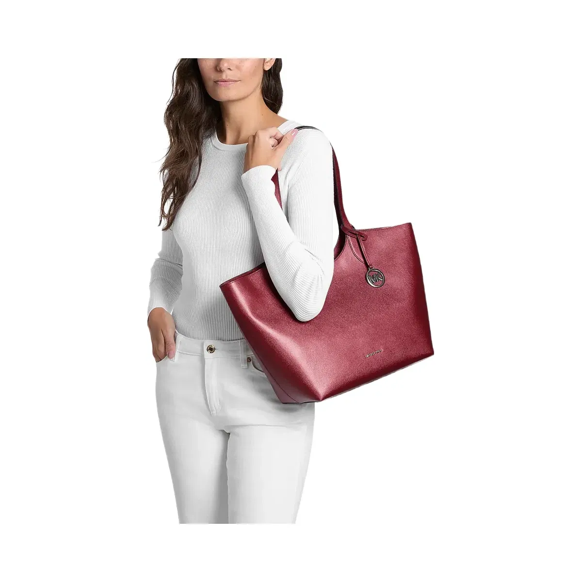 Michael Kors Maya Large Metallic Tote Bag Maroon