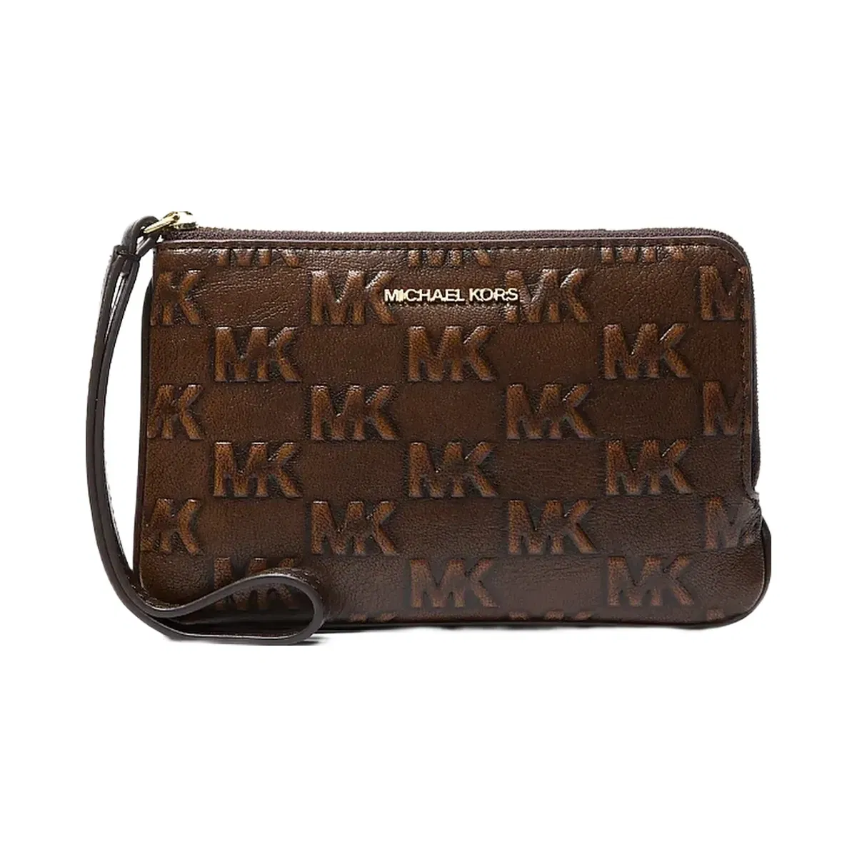 Michael Kors Jet Set Travel Small Burnished Logo Embossed Wristlet Chocolate