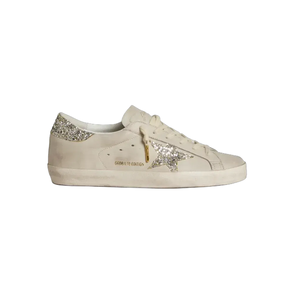 Golden Goose Super-Star In Ivory Nappa Leather With Platinum Glitter Star