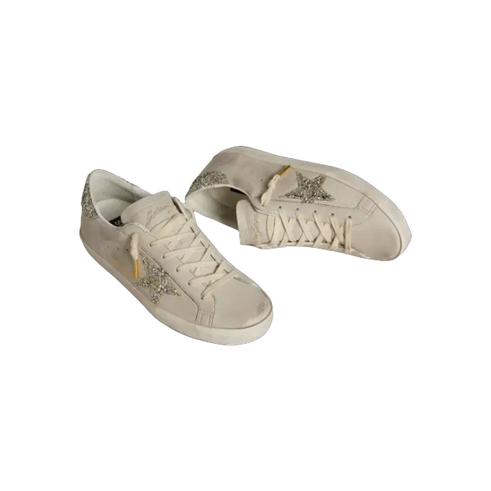 Golden Goose Super-Star In Ivory Nappa Leather With Platinum Glitter Star