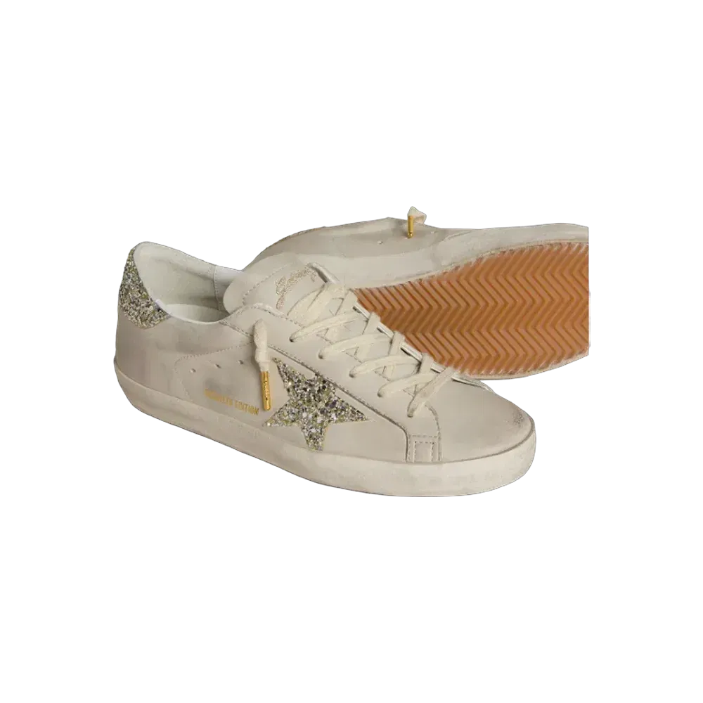 Golden Goose Super-Star In Ivory Nappa Leather With Platinum Glitter Star