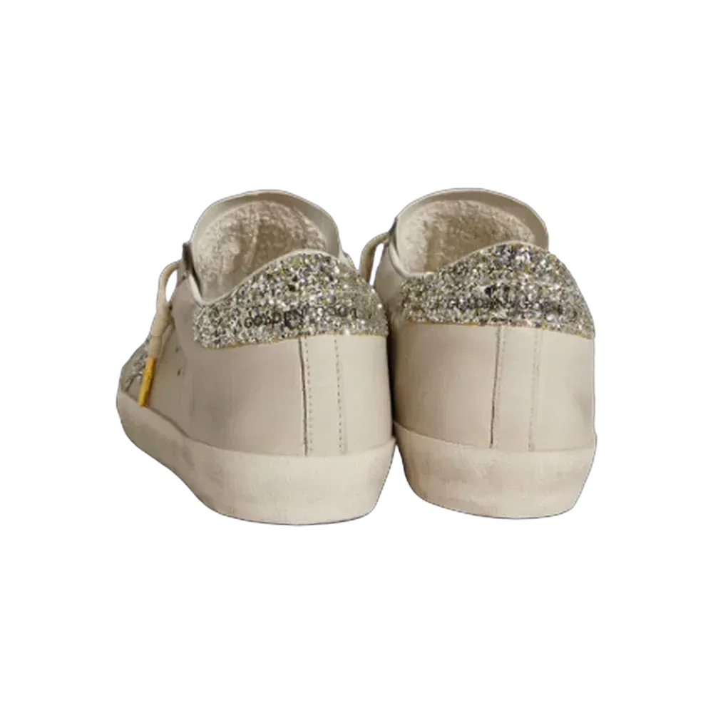 Golden Goose Super-Star In Ivory Nappa Leather With Platinum Glitter Star