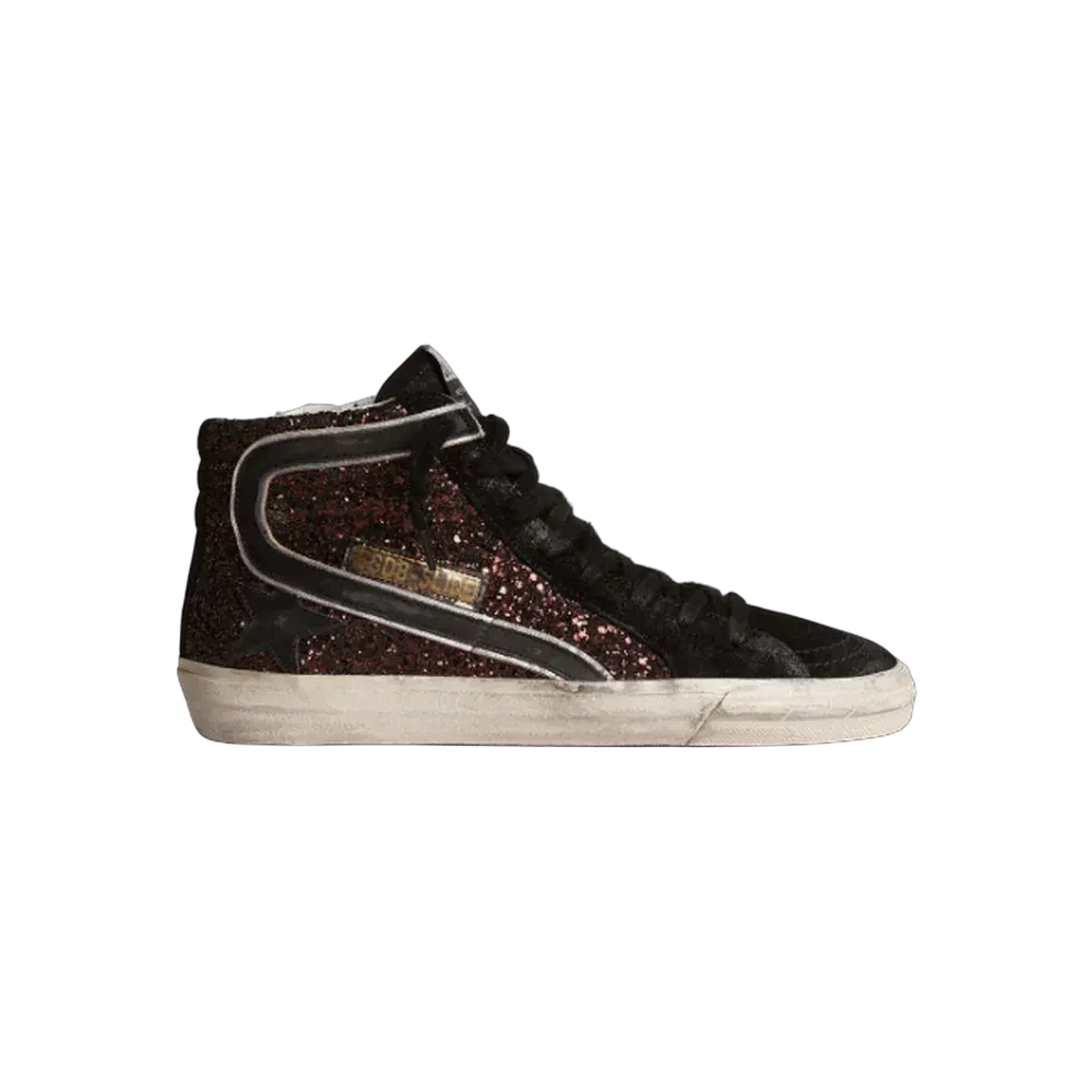 Golden Goose Slide In Brown Glitter With Black Leather Star And Flash
