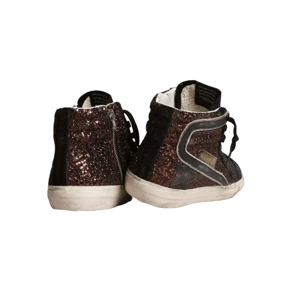 Golden Goose Slide In Brown Glitter With Black Leather Star And Flash