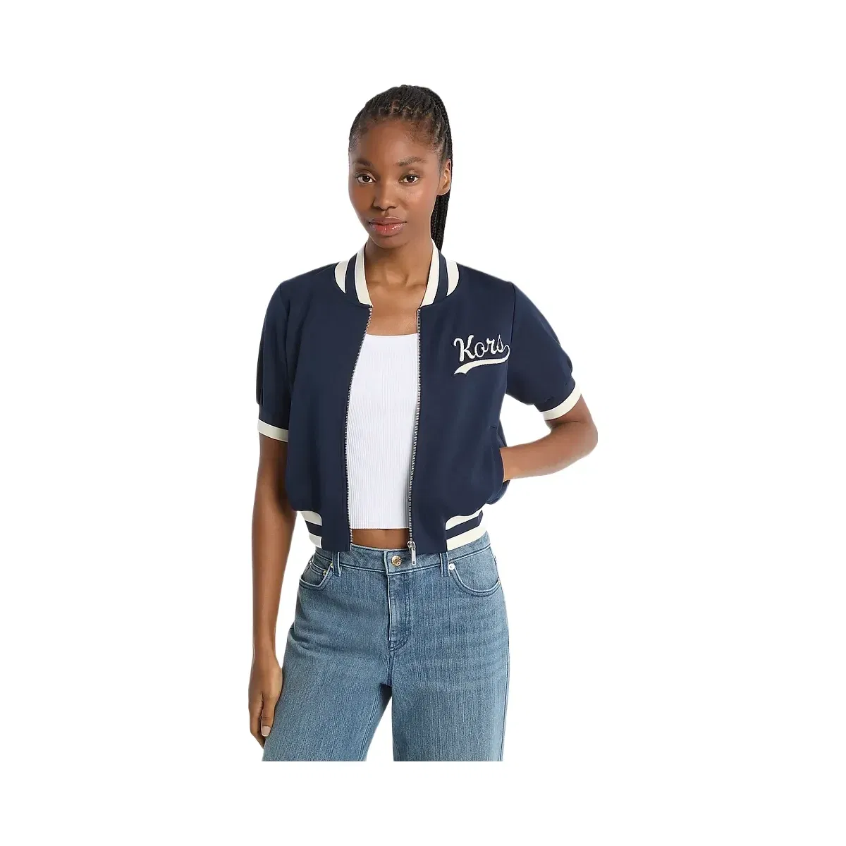 Michael Kors Sporty Piqué Cropped Short-Sleeve Jacket Midnightblue
