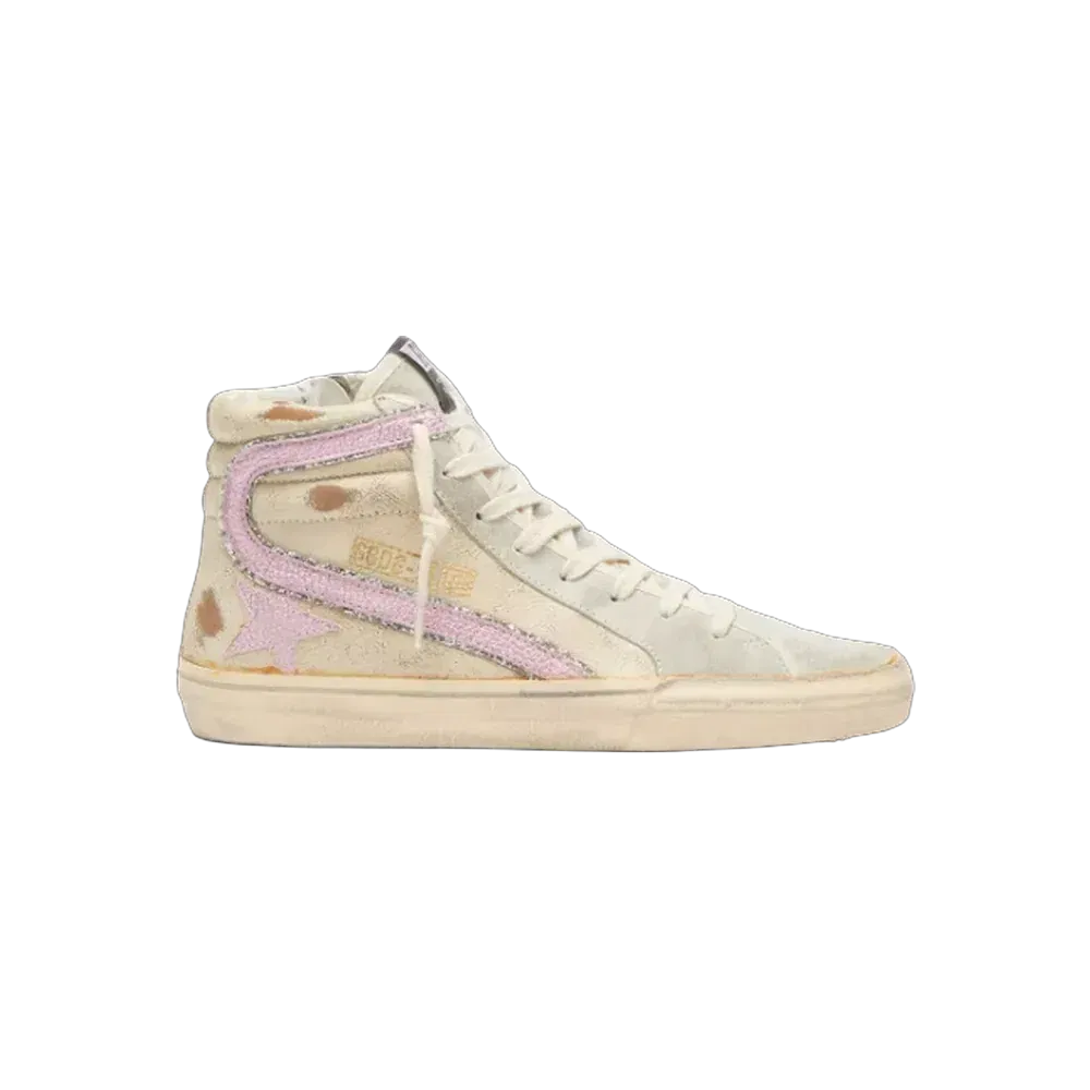 Golden Goose Slide In Beige With Pink Metallic Leather Star And Flash