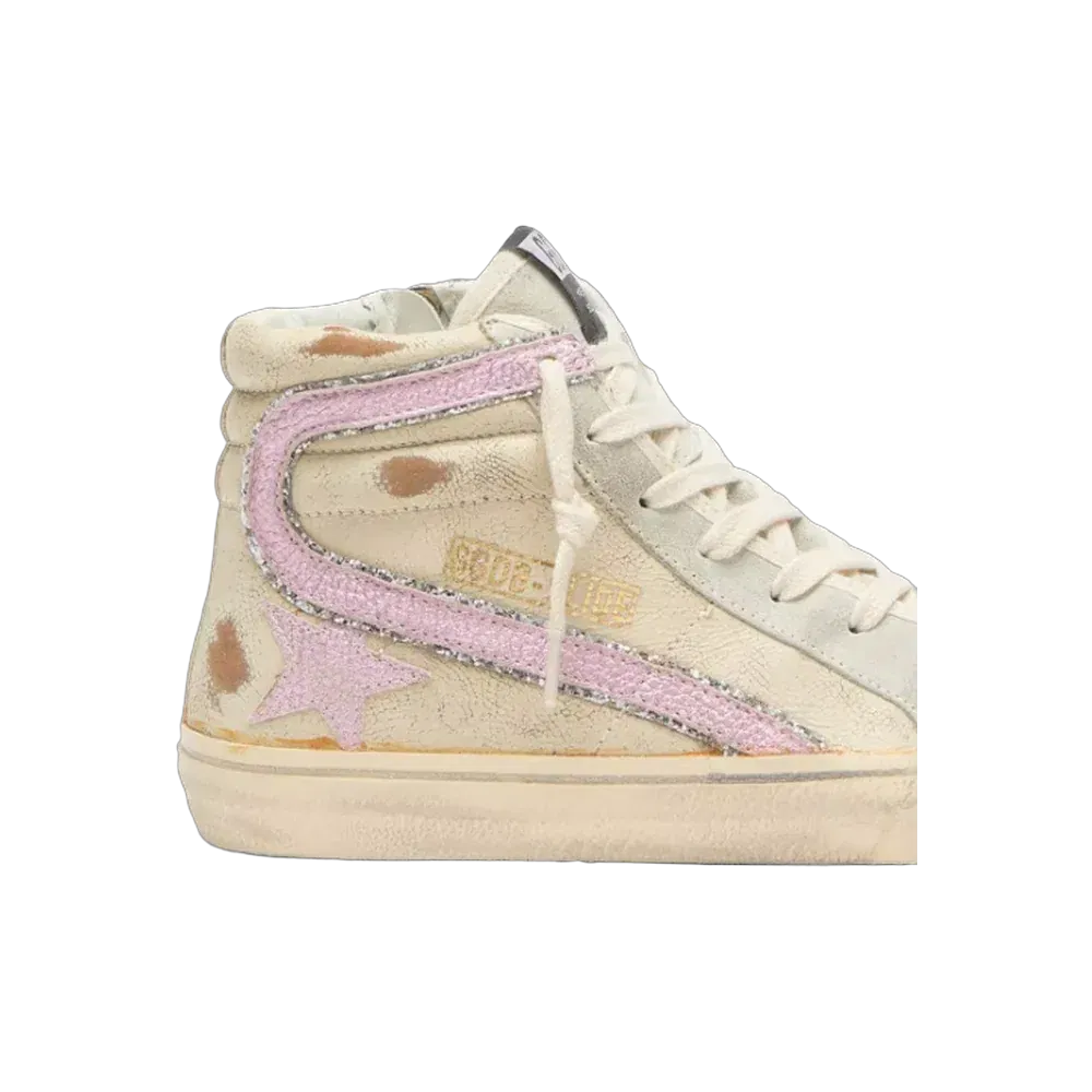 Golden Goose Slide In Beige With Pink Metallic Leather Star And Flash