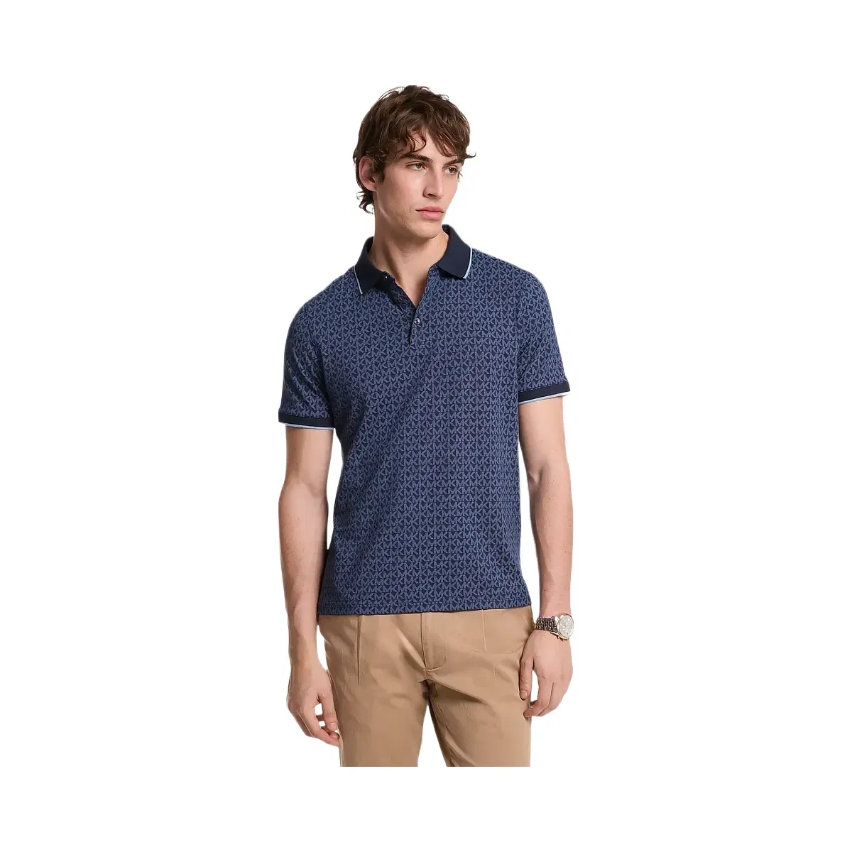 Michael Kors Greenwich Signature Logo Print Cotton Polo Shirt Midnight