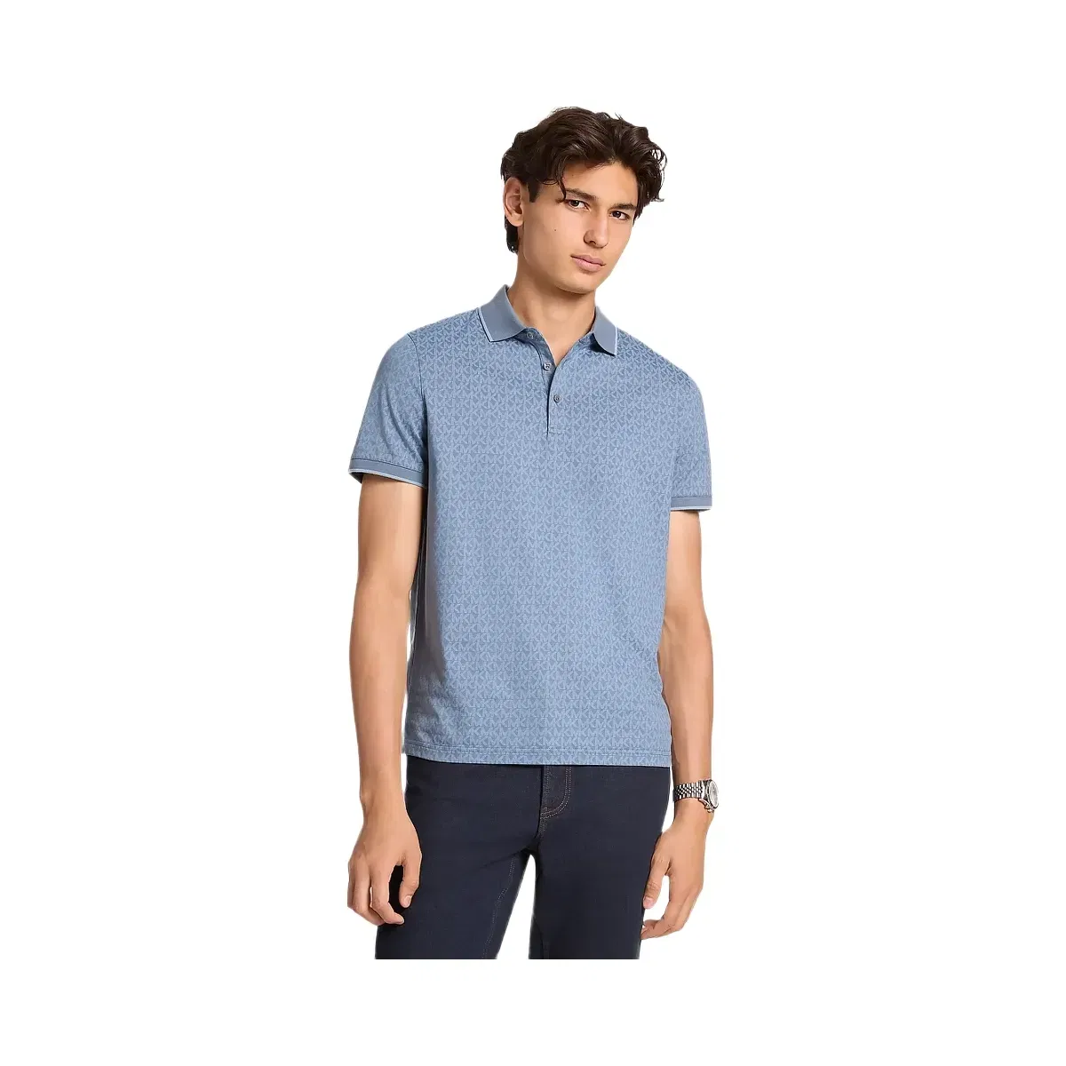 Michael Kors Greenwich Signature Logo Print Cotton Polo Shirt Denim