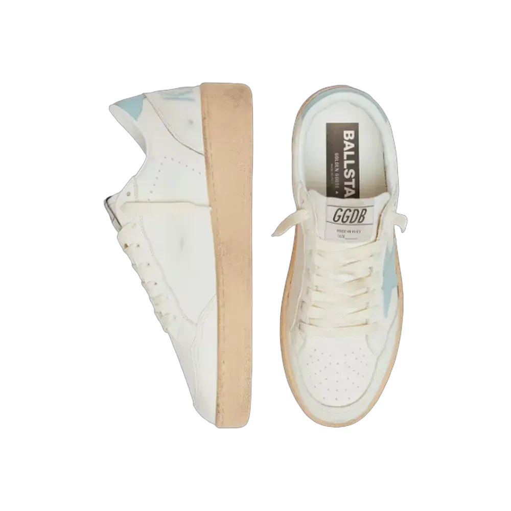 Golden Goose Ball Star In White Leather With Light Blue Star