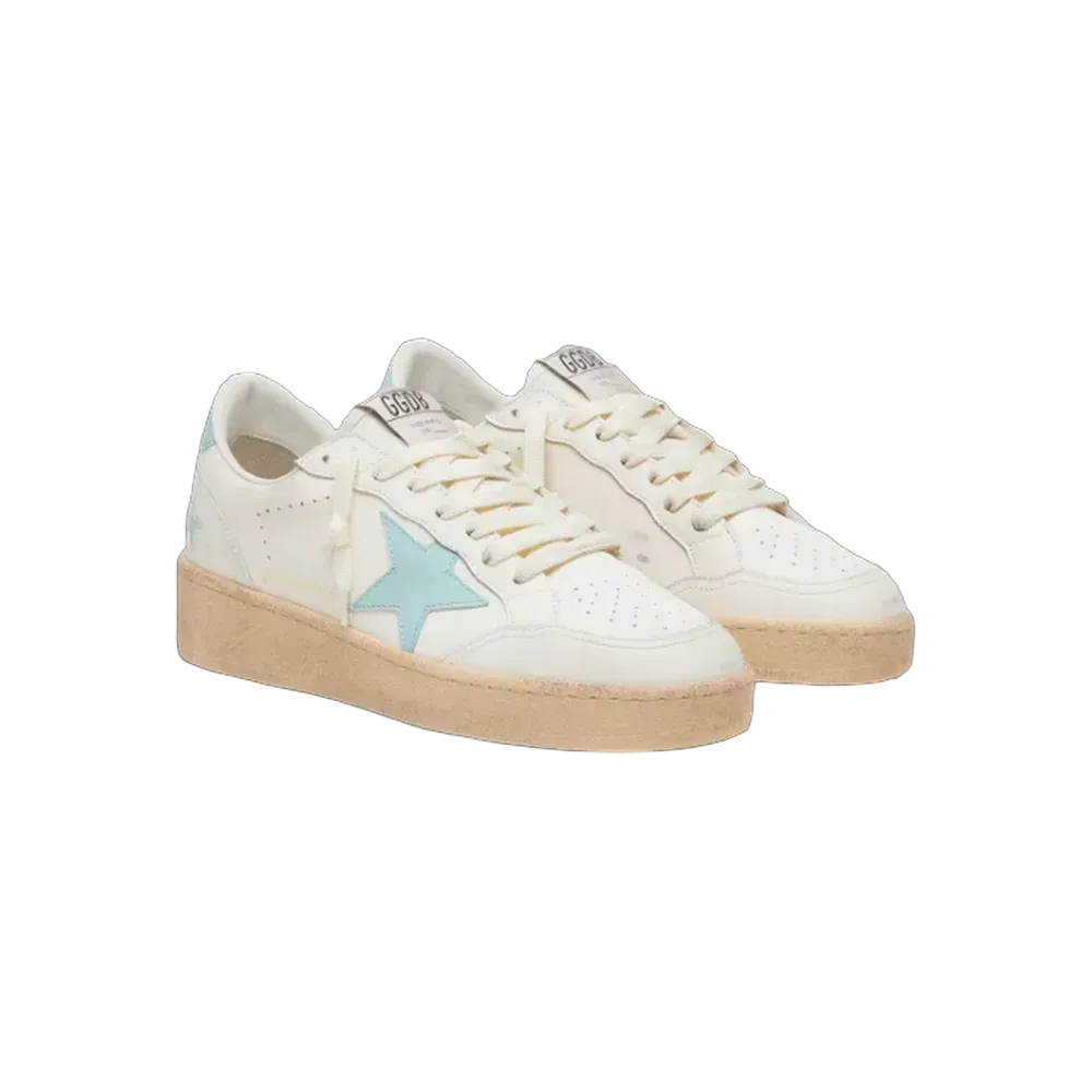 Golden Goose Ball Star In White Leather With Light Blue Star