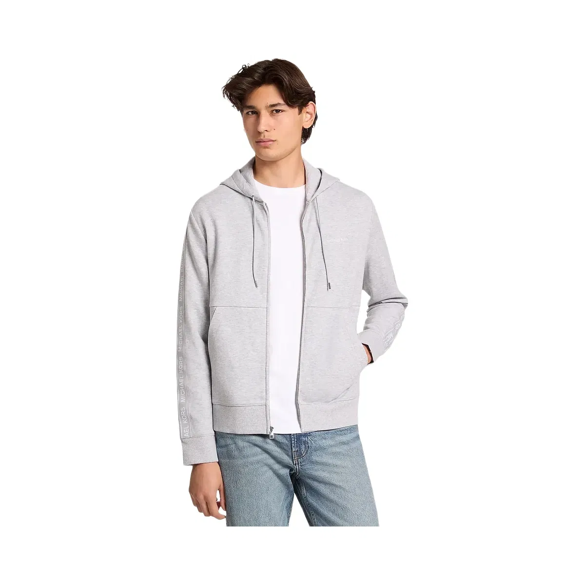 Michael Kors Logo Tape Cotton Blend Zip-Up Hoodie Heather Grey